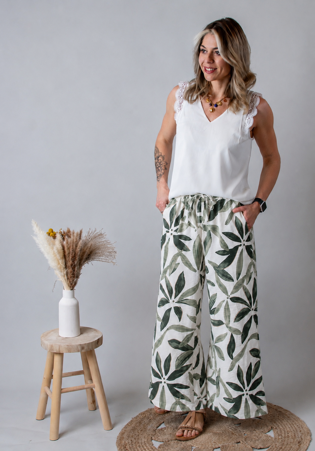 Pantalon Fluide Tropical Kaki & Écru