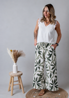 Pantalon Fluide Tropical Kaki & Écru