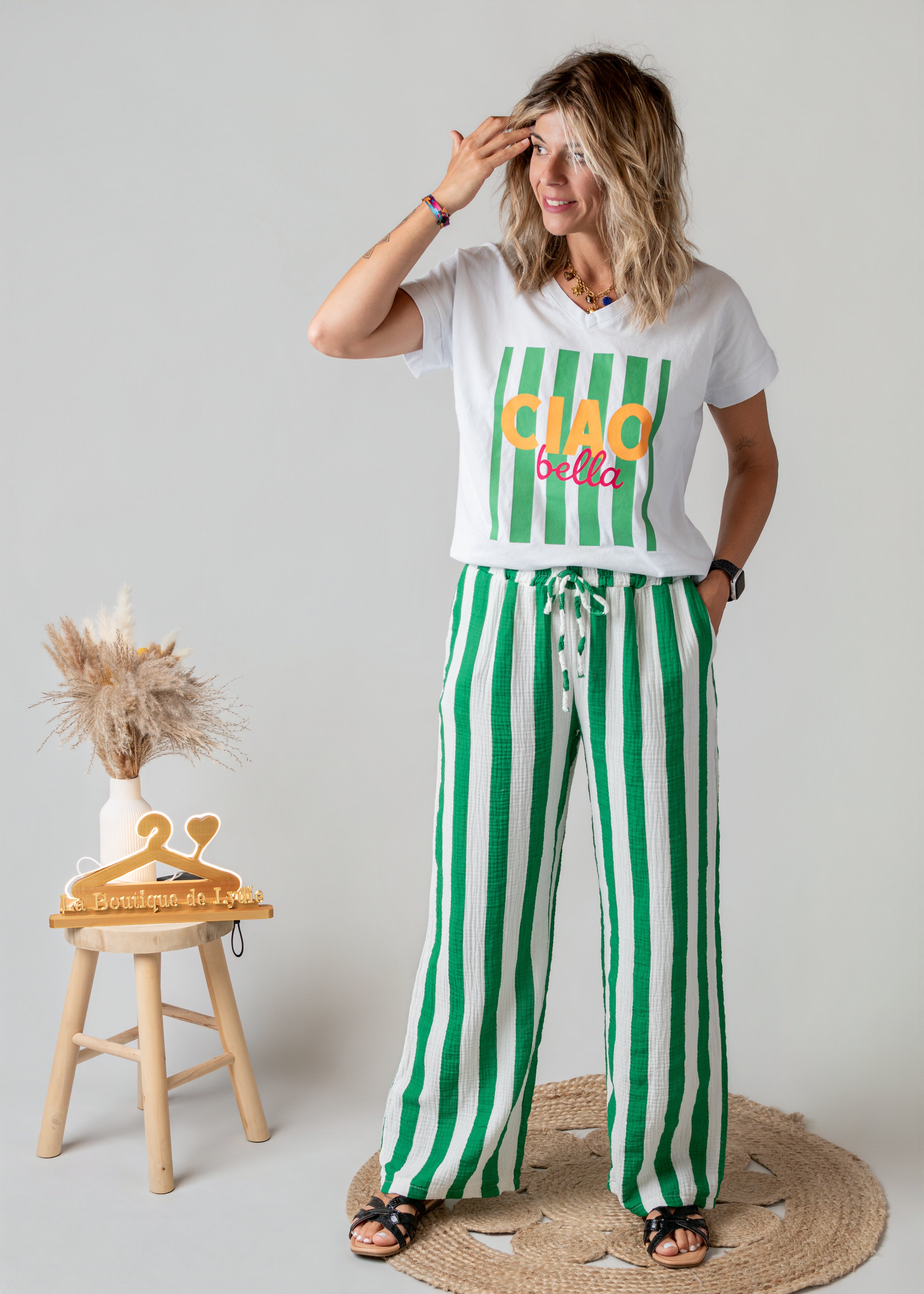 Pantalon en gaze de coton rayé vert la boutique de lydie