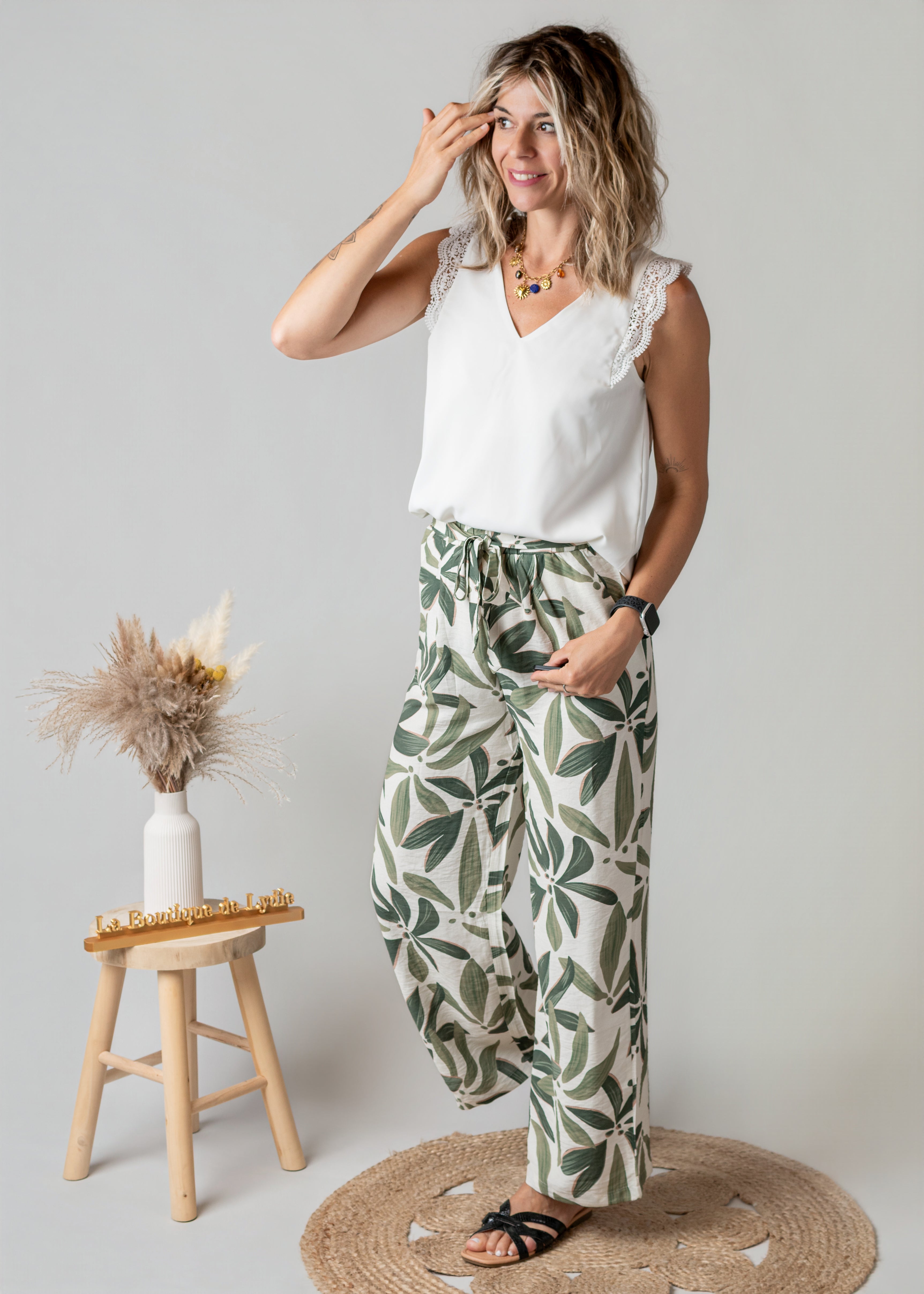 Pantalon Fluide Tropical Kaki & Écru la boutique de lydie