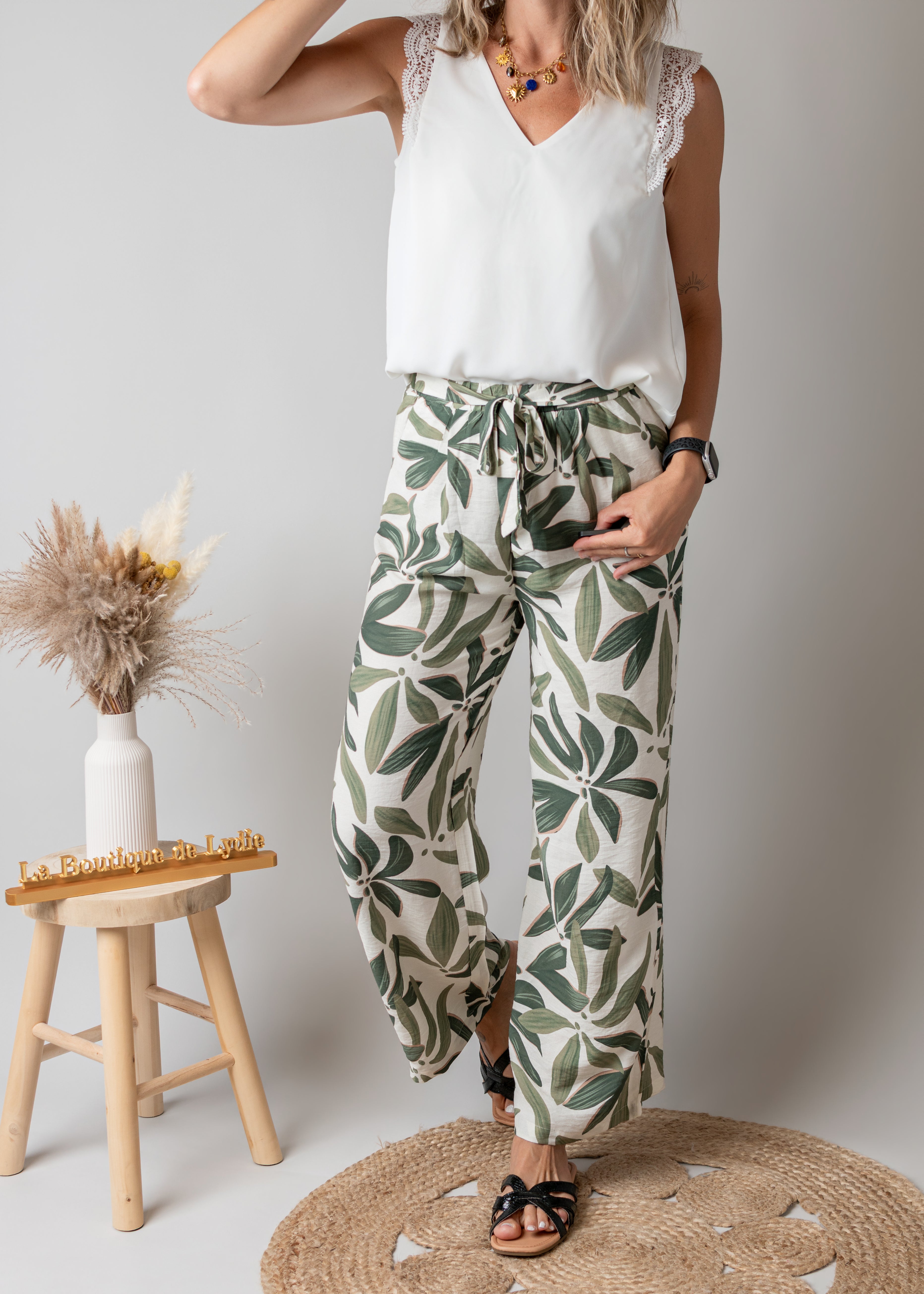 Pantalon Fluide Tropical Kaki & Écru