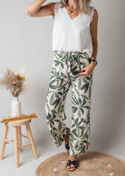 Pantalon Fluide Tropical Kaki & Écru
