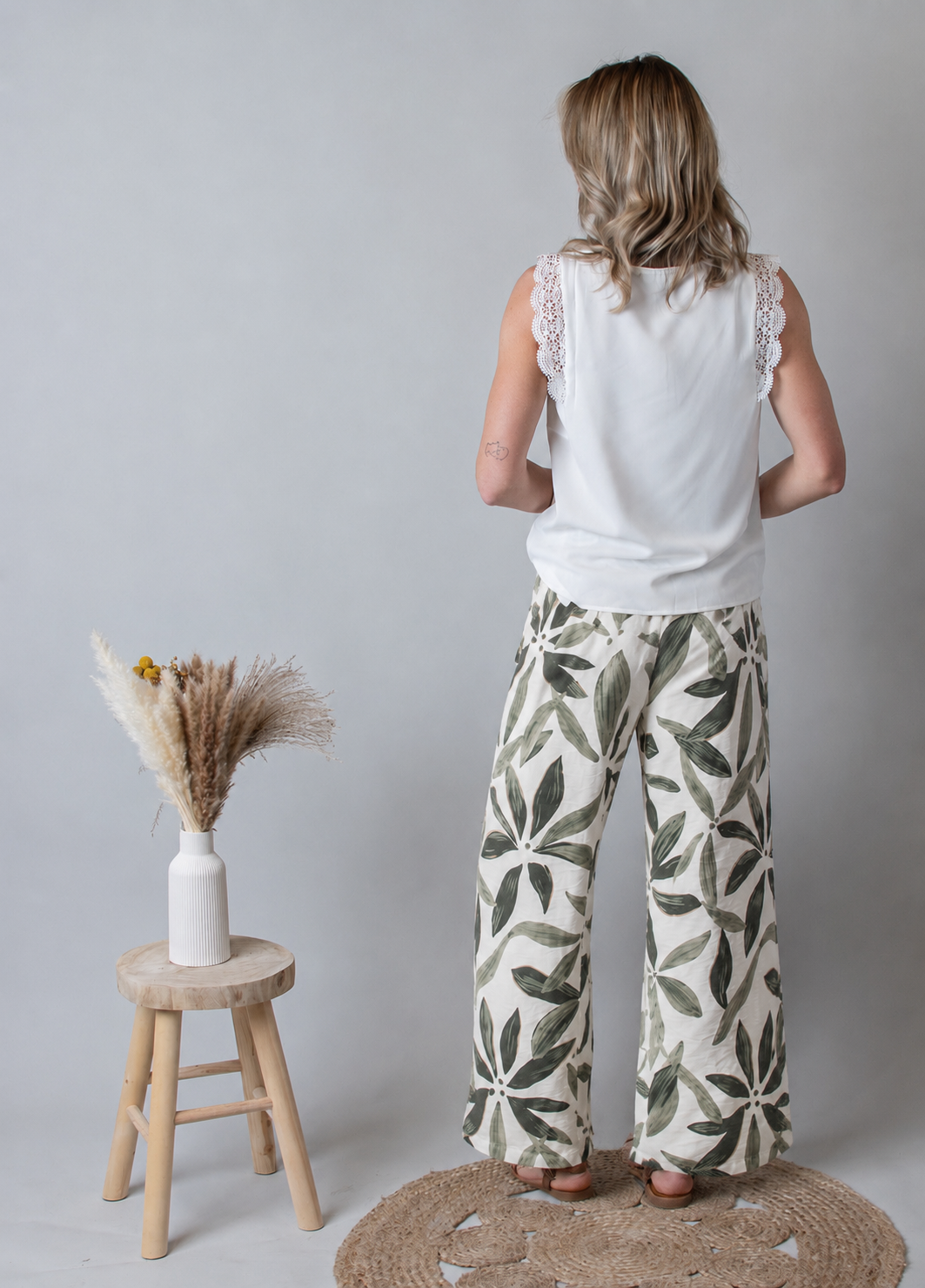 Pantalon Fluide Tropical Kaki & Écru