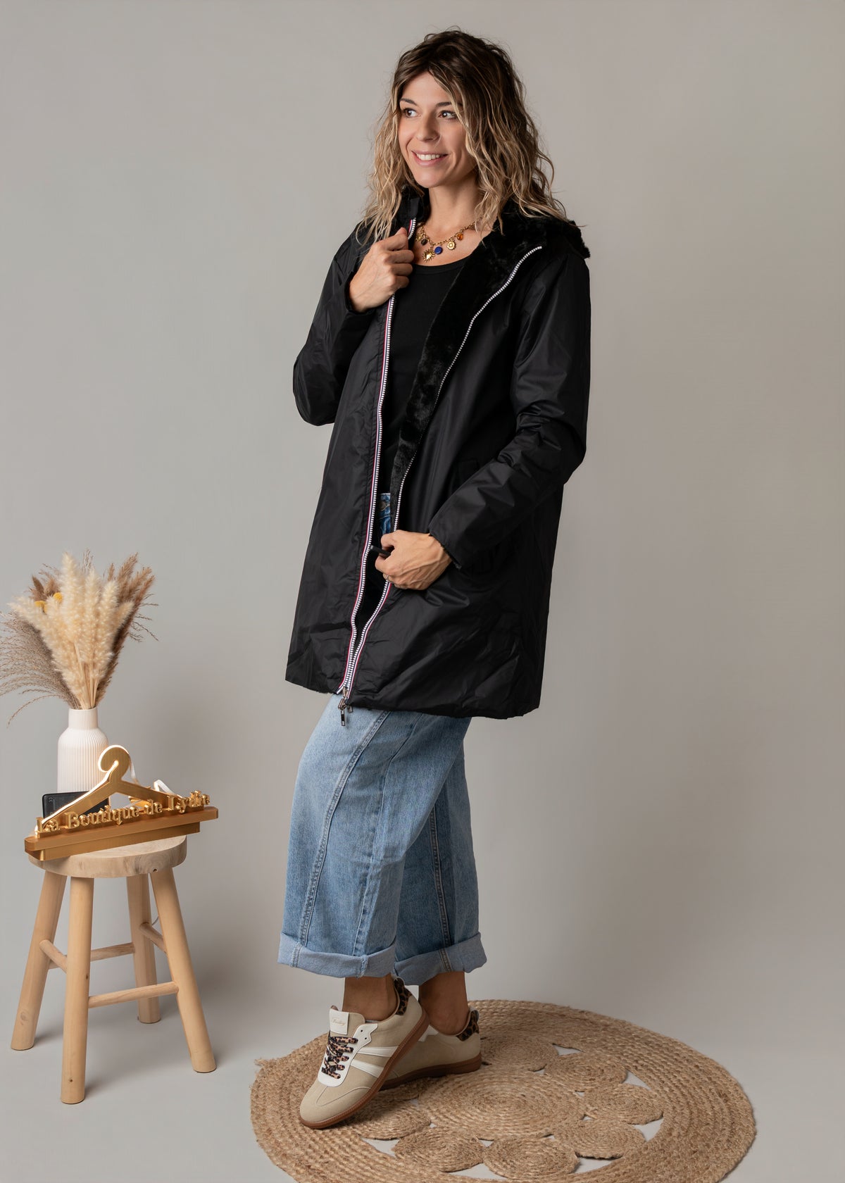 Parka noir imperméable mi longue réversible la boutique de lydie