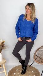 Pull bleu électrique col V femme La Boutique de Lydie