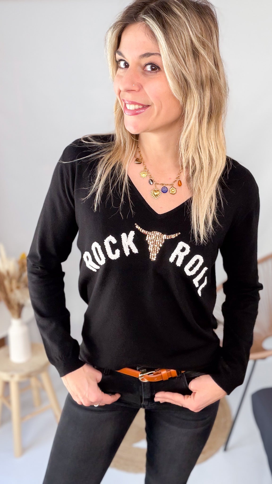 Pull Fin Noir "Rock & Roll" la boutique de lydie