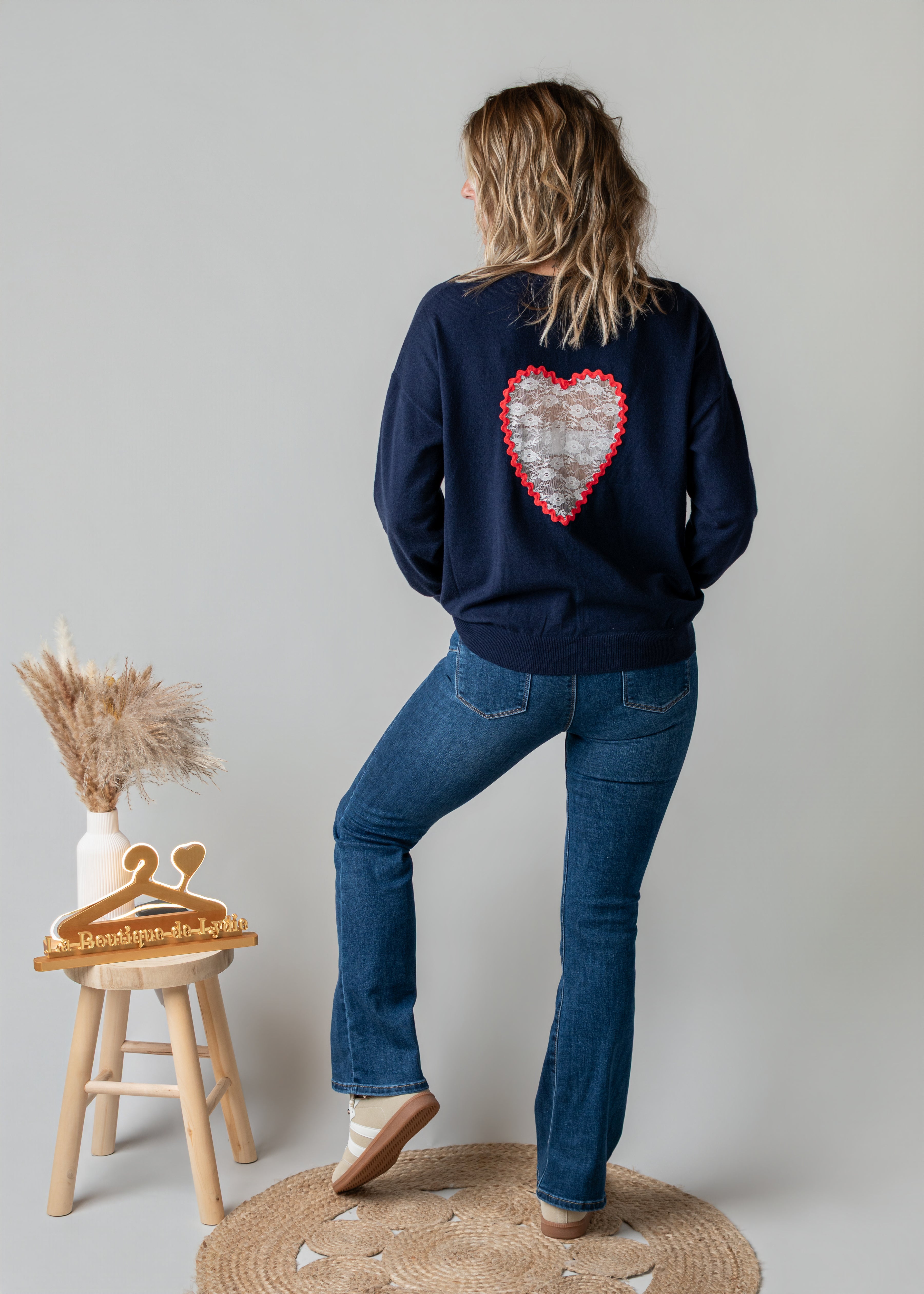 Pull fin marine cœur dentelle 
