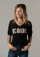 Pull fin col V noir brodé léopard Iconic la Boutique de Lydie