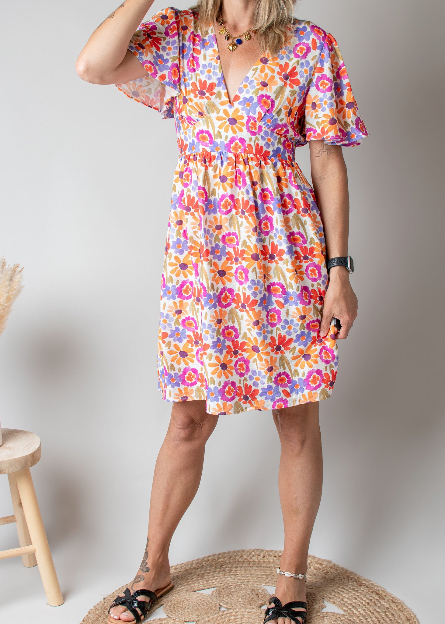 Robe Courte Fleurie Fuchsia & Orange