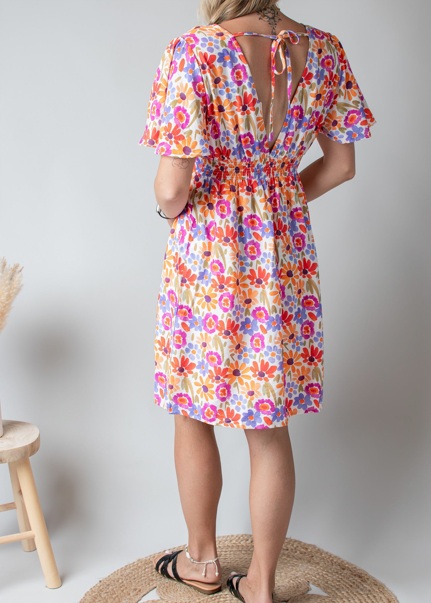 Robe Courte Fleurie Fuchsia & Orange