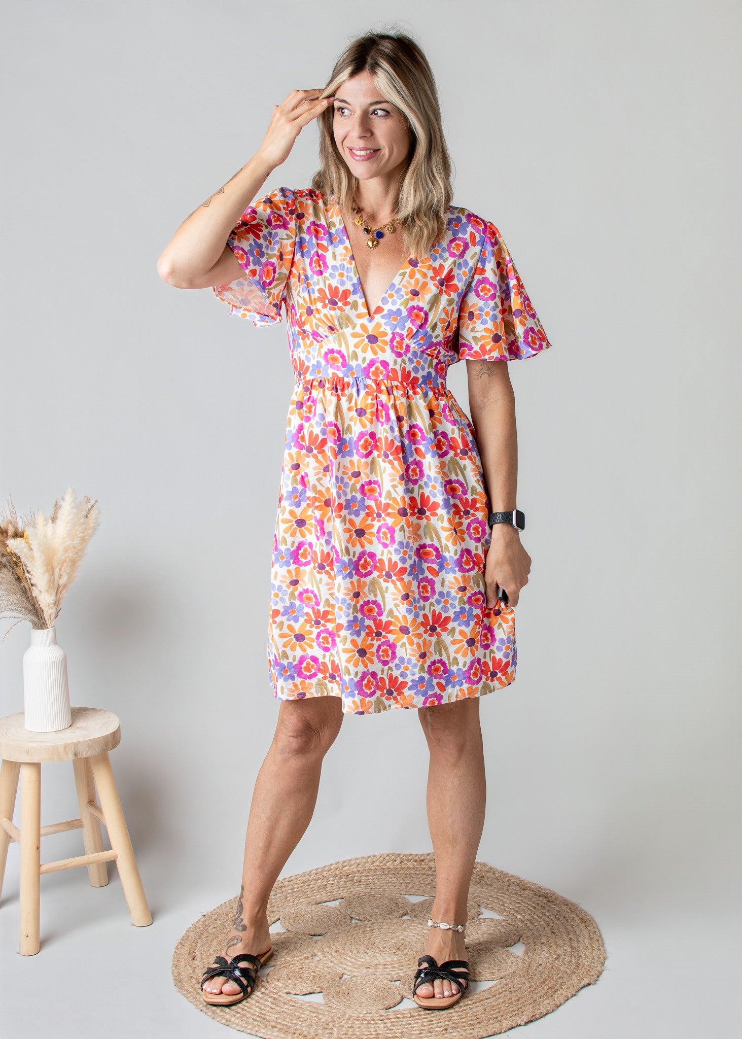 Robe Courte Fleurie Fuchsia & Orange