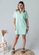 Robe Droite Coton Vert d'Eau Col V Style Denim  la Boutique de Lydie 