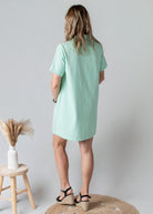Robe Droite Coton Vert d'Eau Col V Style Denim 