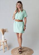Robe Droite Coton Vert d'Eau Col V Style Denim 