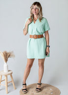 Robe Droite Coton Vert d'Eau Col V Style Denim 