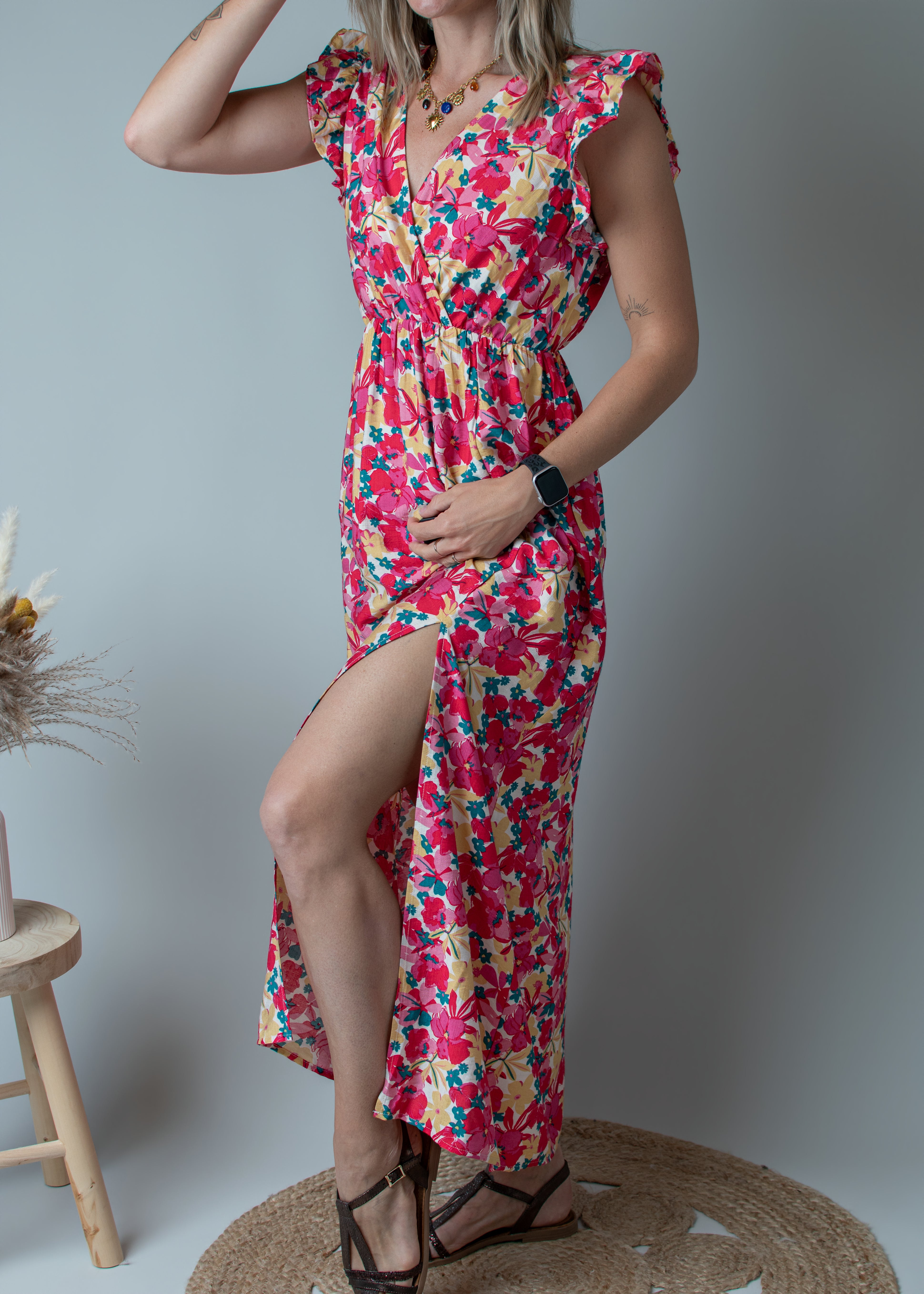 Robe Longue Fleurie Rose et Jaune