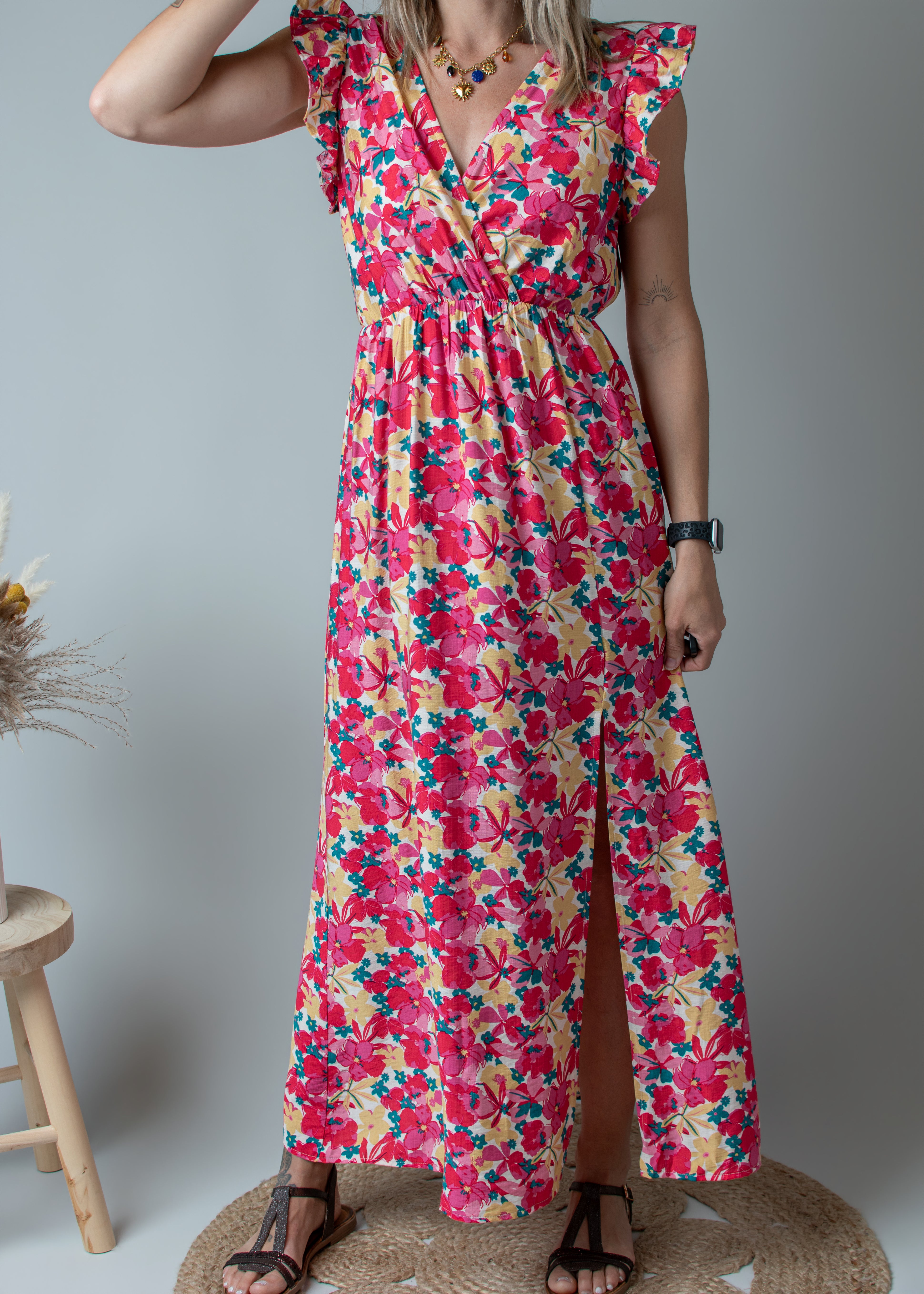 Robe Longue Fleurie Rose et Jaune