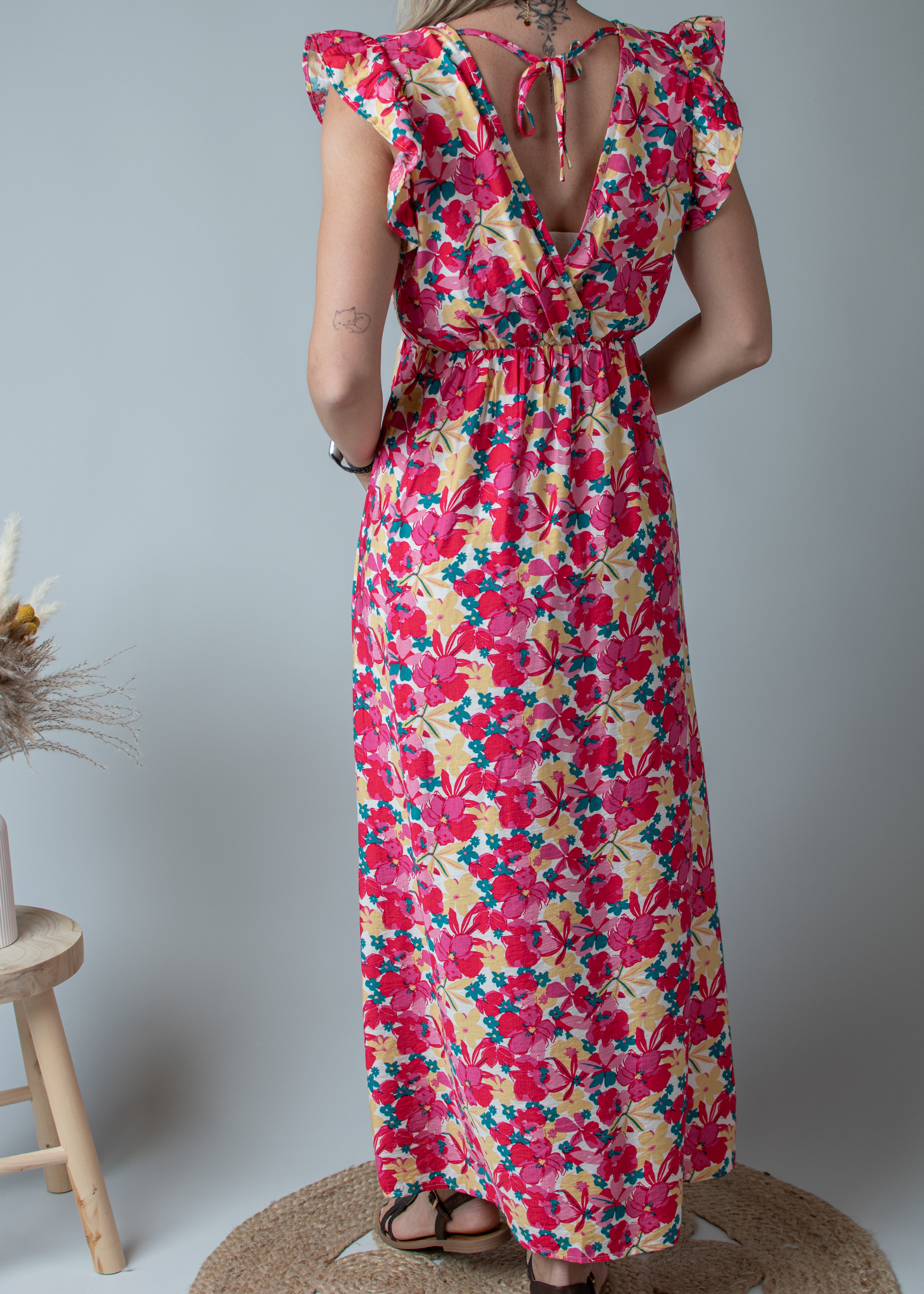 Robe Longue Fleurie Rose et Jaune