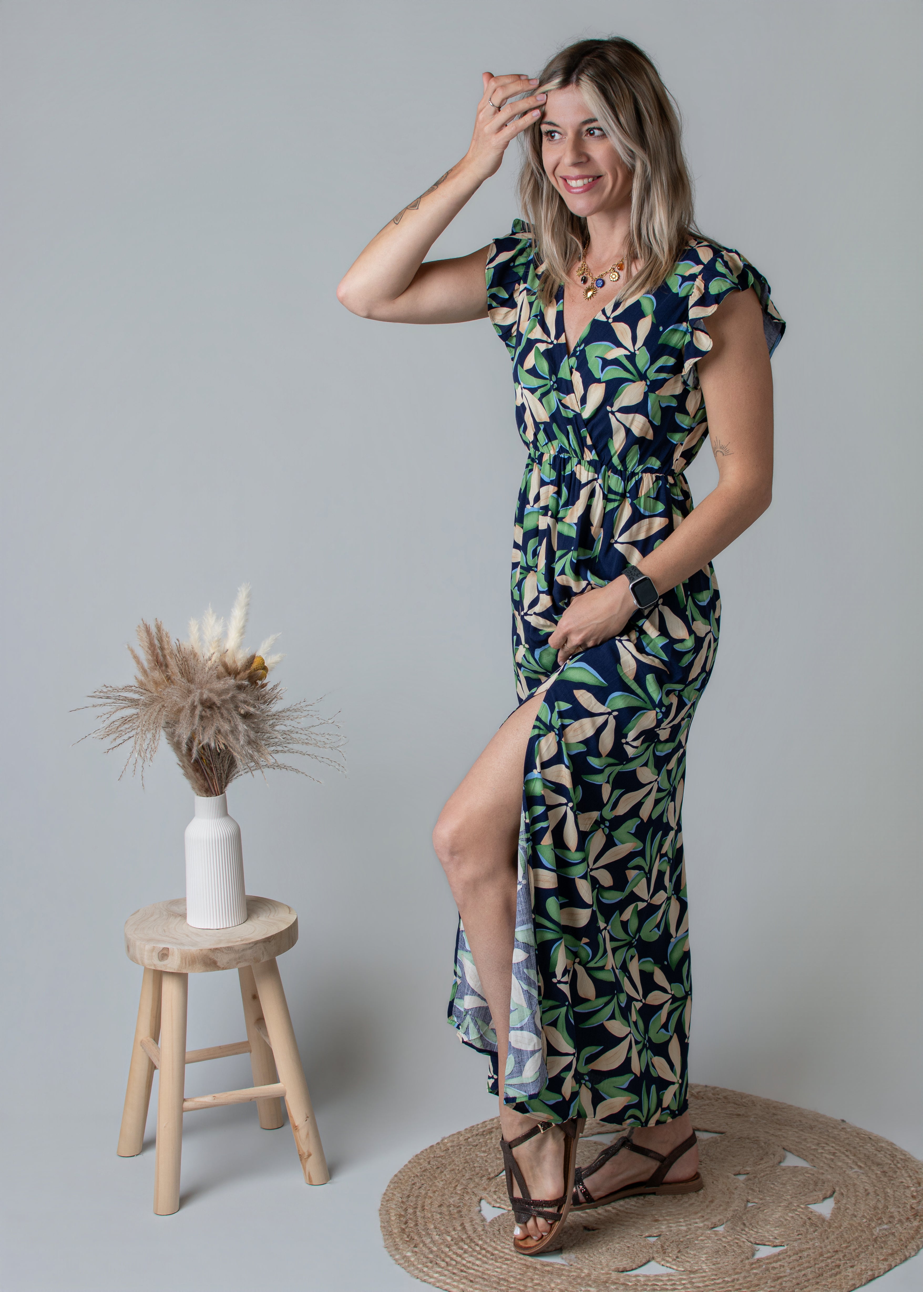 Robe longue fleurie vert et marine la boutique de Lydie