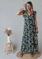 Robe longue fleurie vert et marine