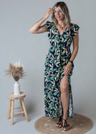 Robe longue fleurie vert et marine