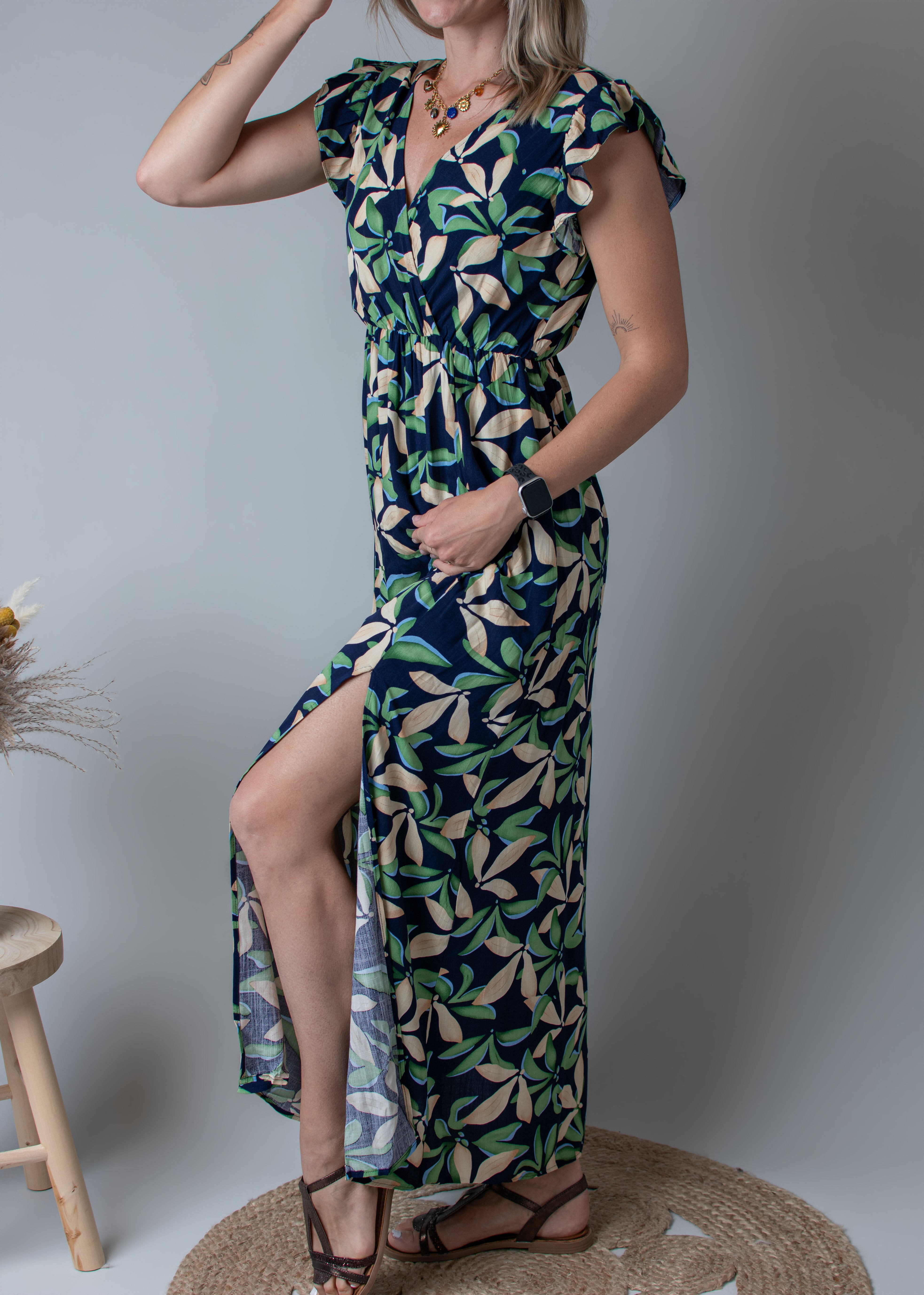 Robe longue fleurie vert et marine