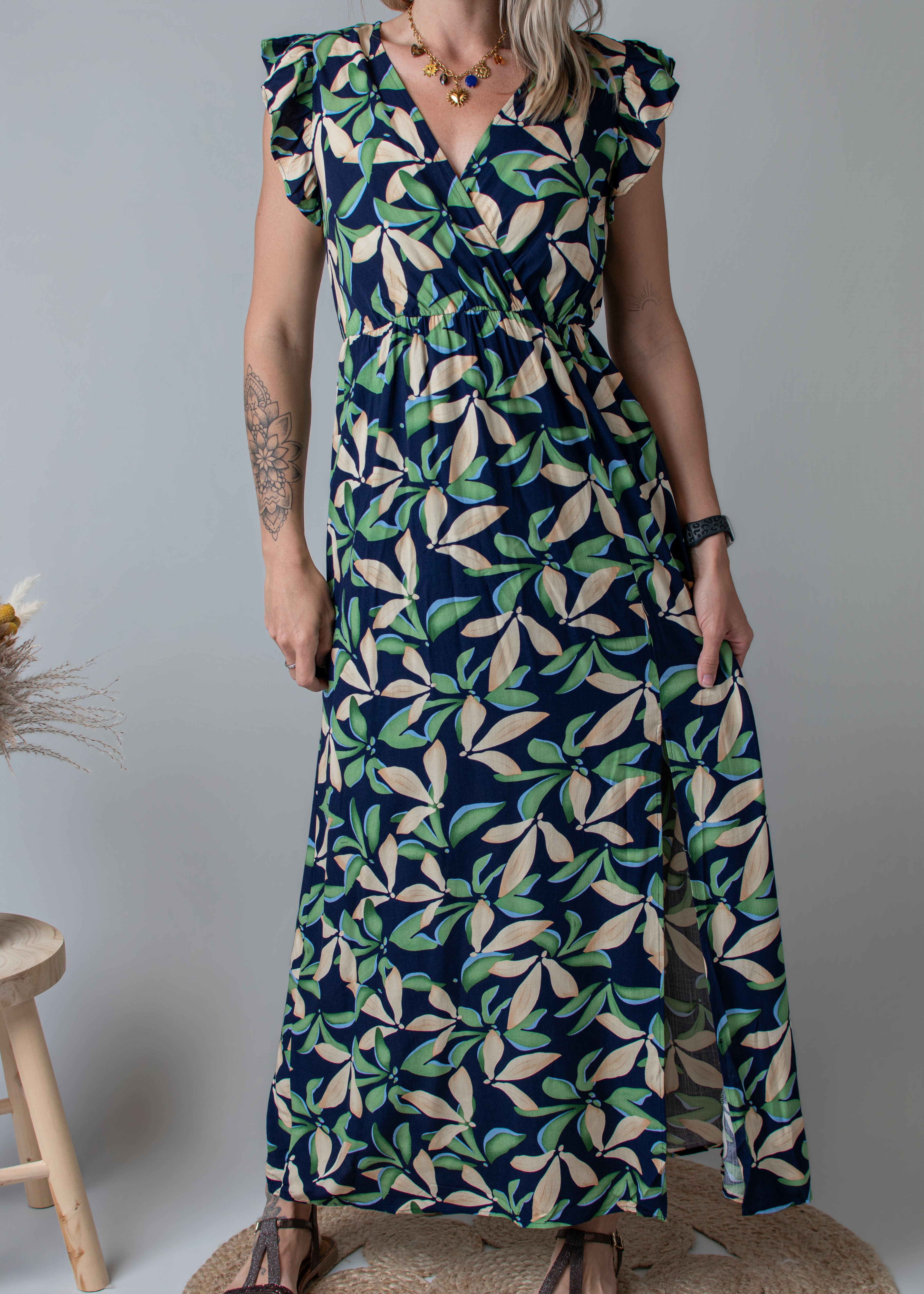Robe longue fleurie vert et marine