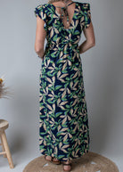 Robe longue fleurie vert et marine