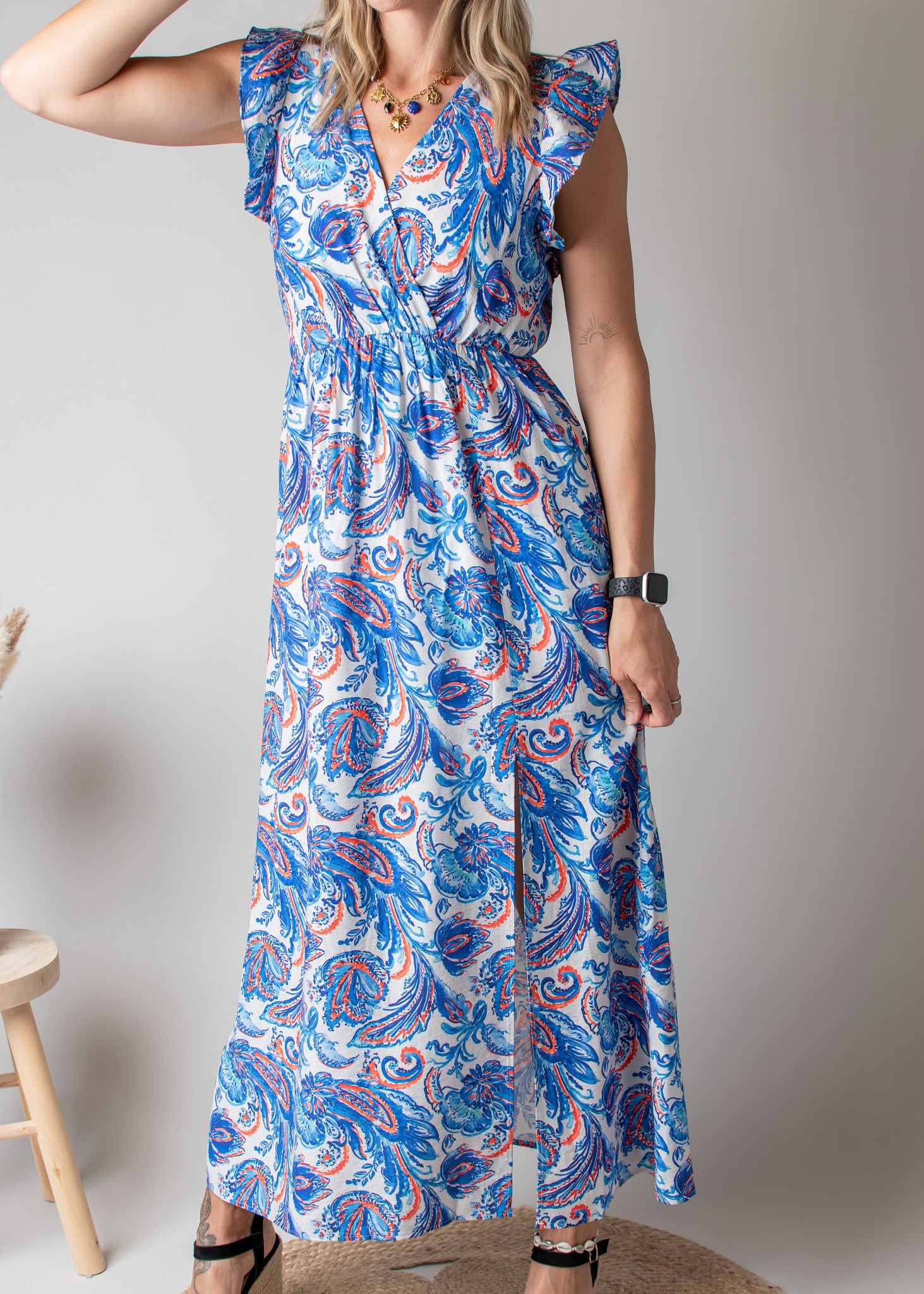 Robe Longue Bleue Imprimé Cachemire