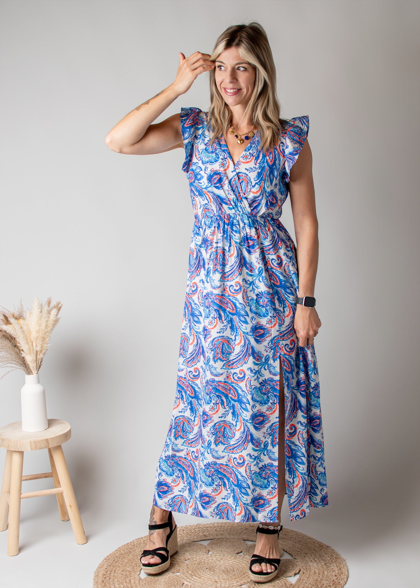 Robe Longue Bleue Imprimé Cachemire