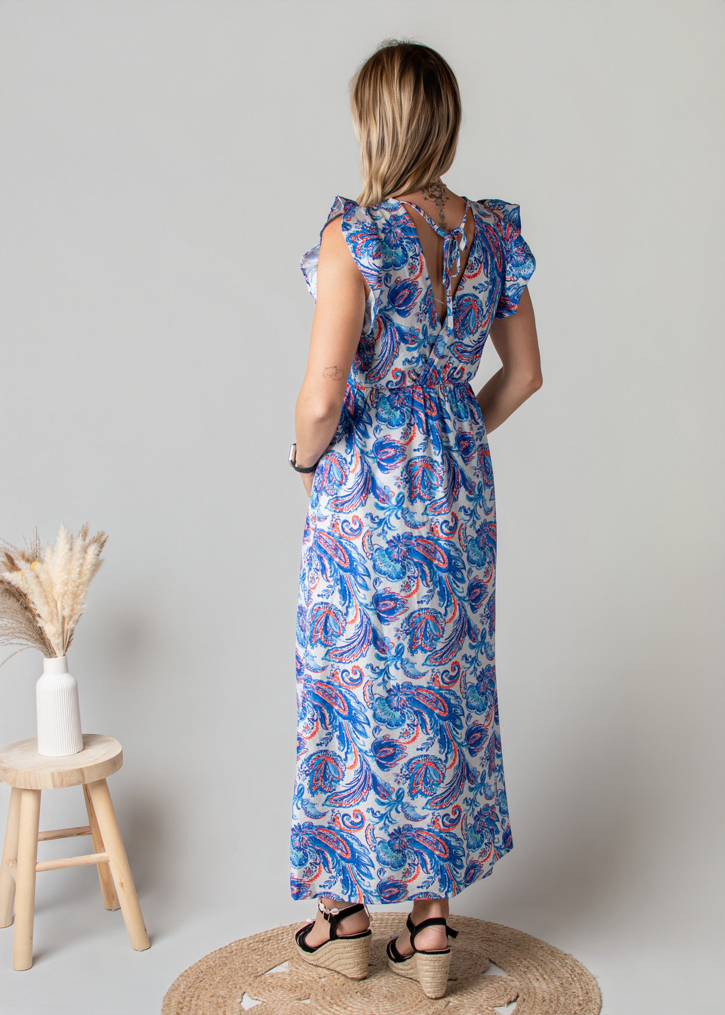 Robe Longue Bleue Imprimé Cachemire