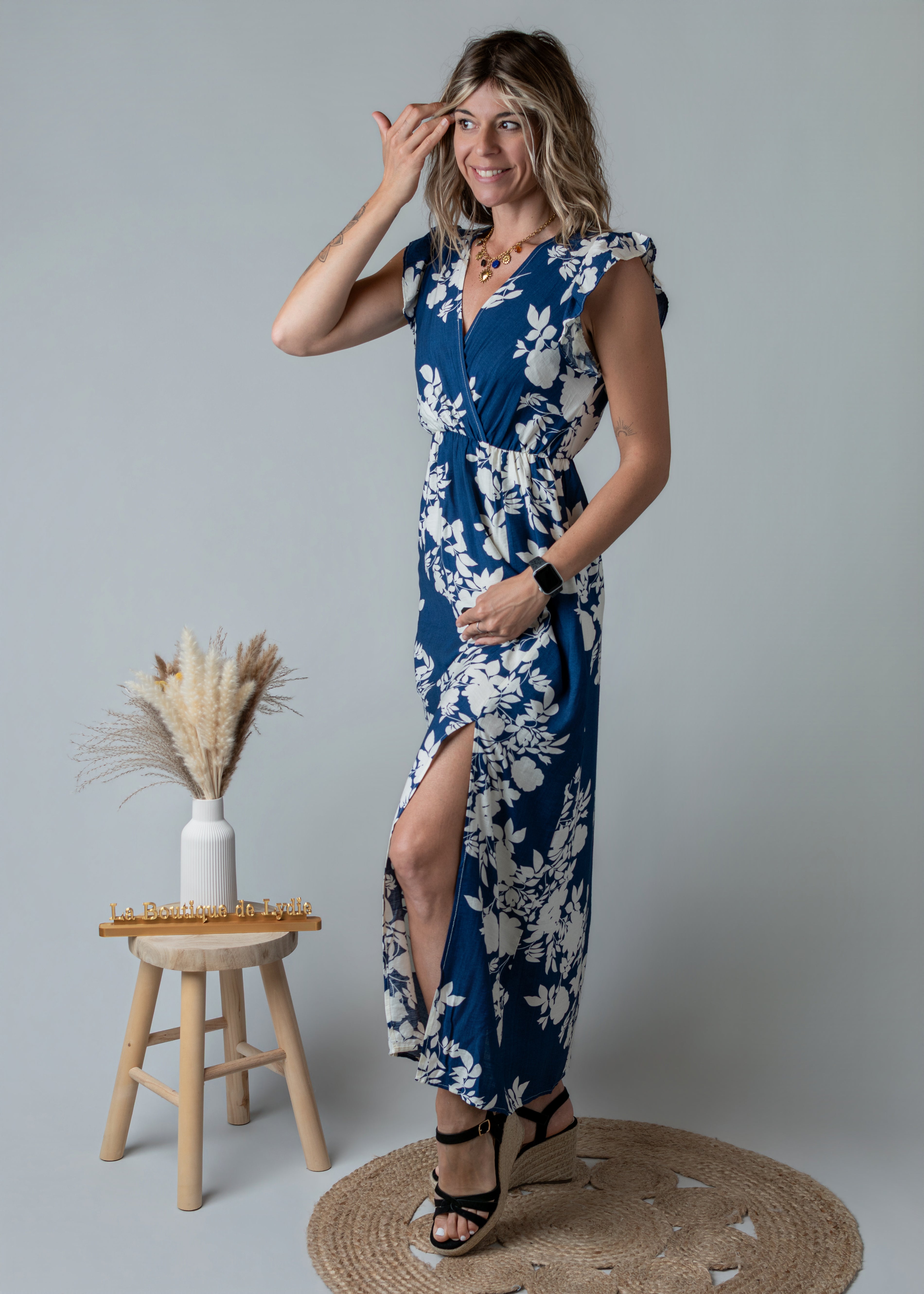 Robe Longue fleurie bleue la Boutique de Lydie