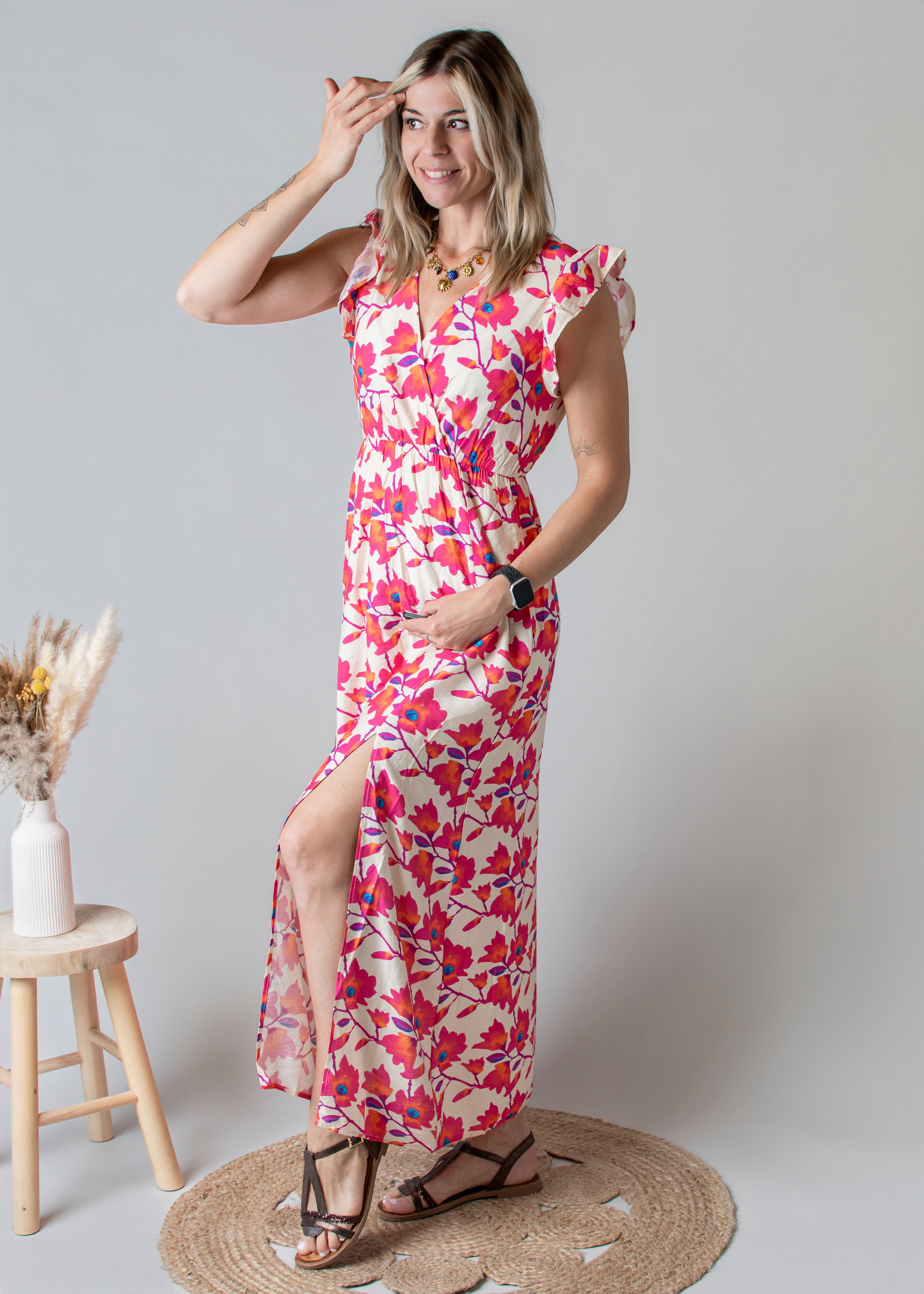 Robe Longue Fleurie Rose - La Boutique de Lydie