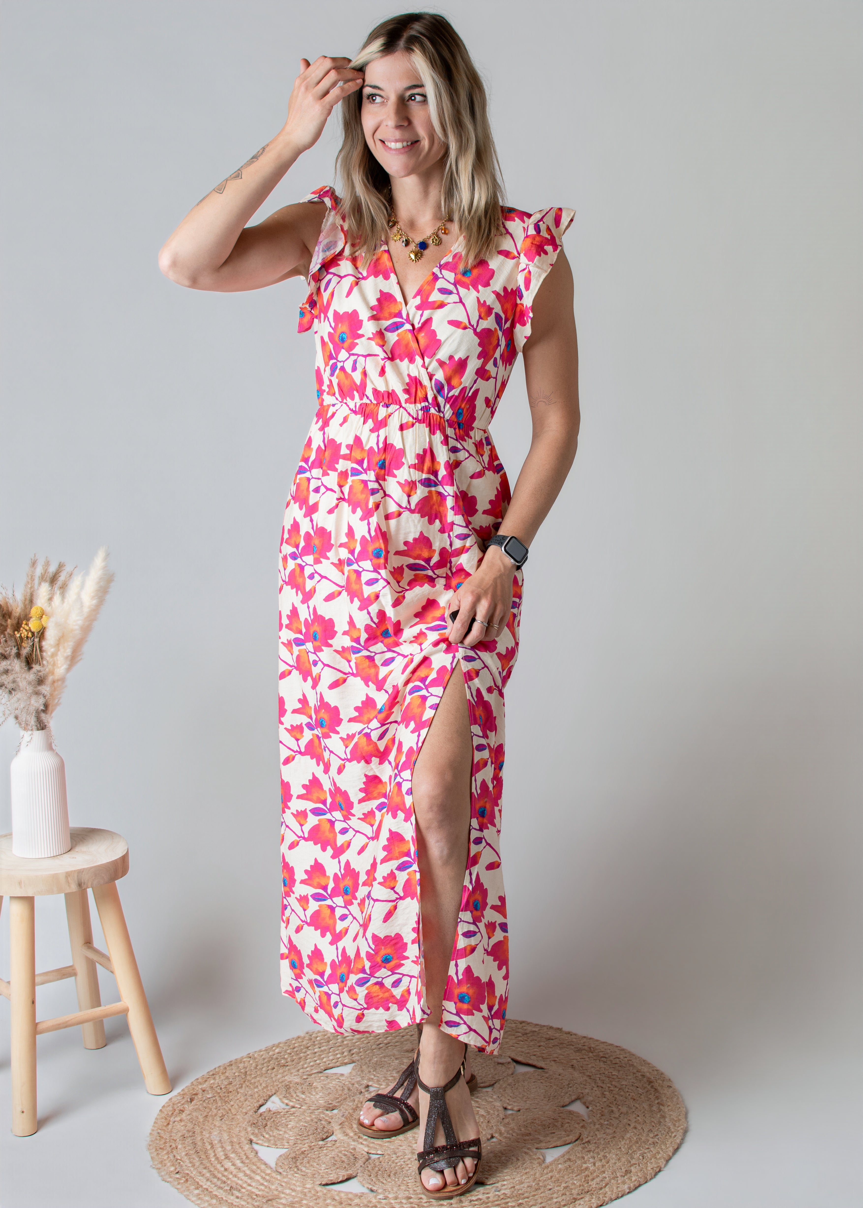 Robe Longue Fleurie Rose - La Boutique de Lydie