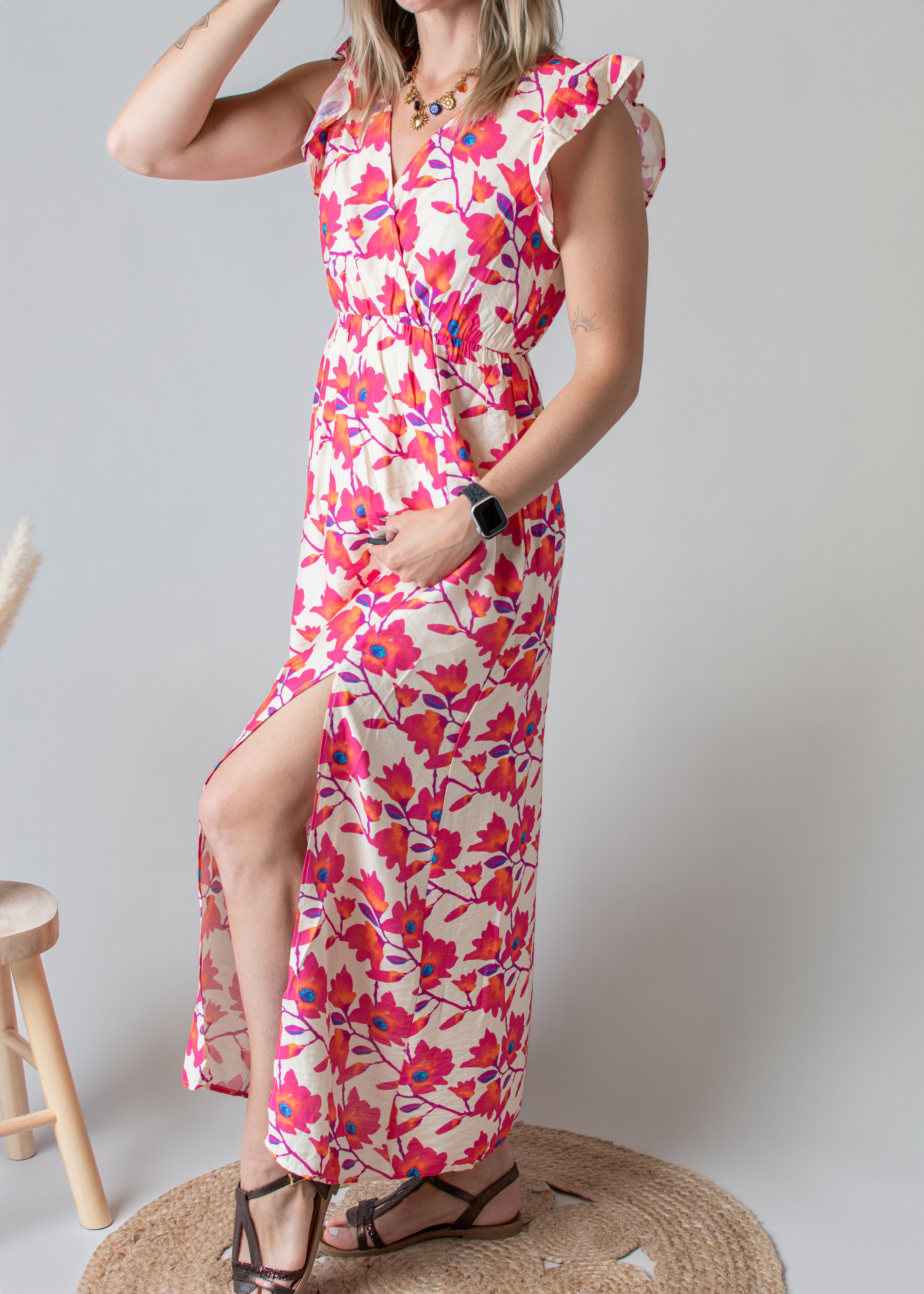 Robe Longue Fleurie Rose 