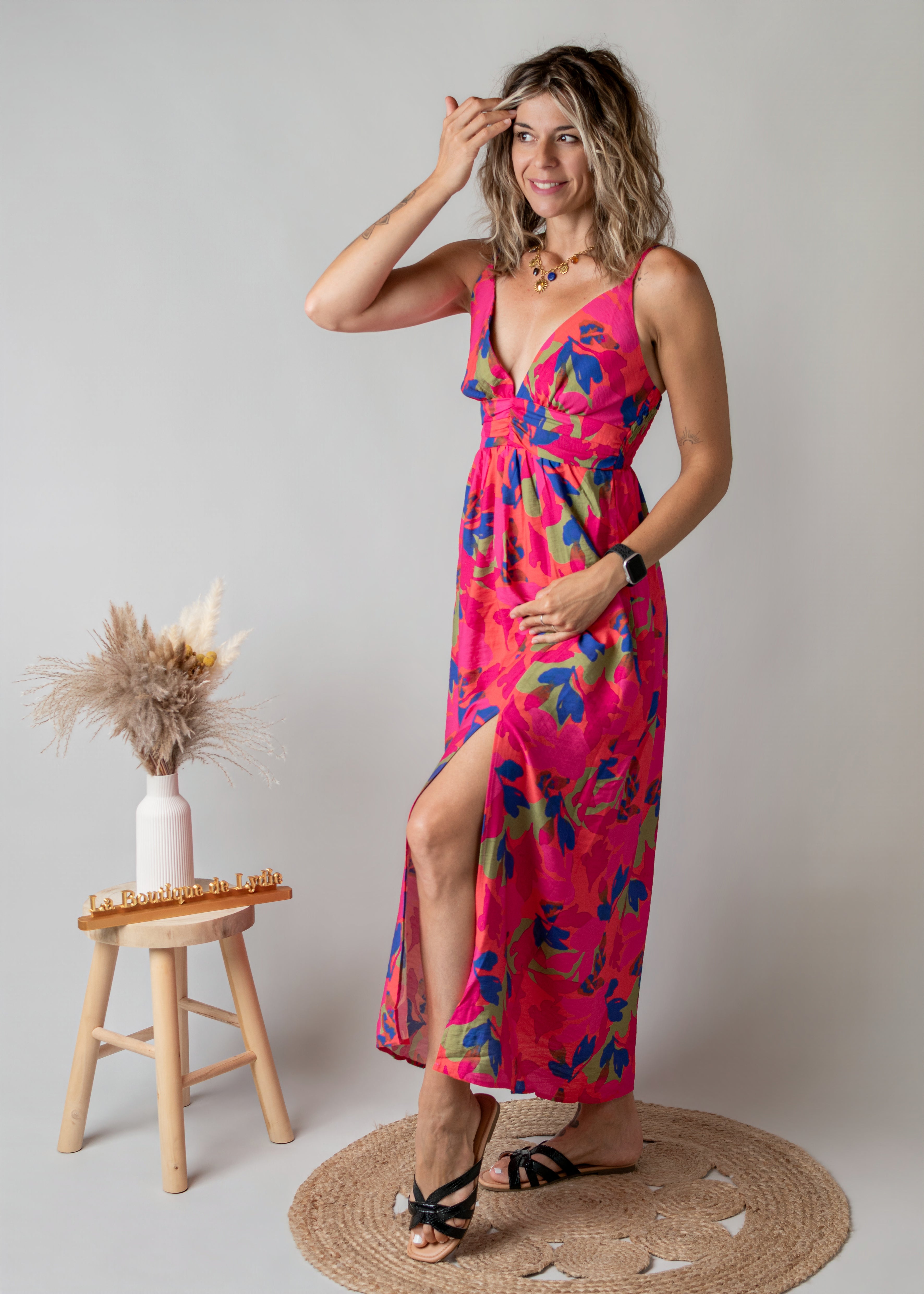 Robe Longue Fleurie Fuchsia