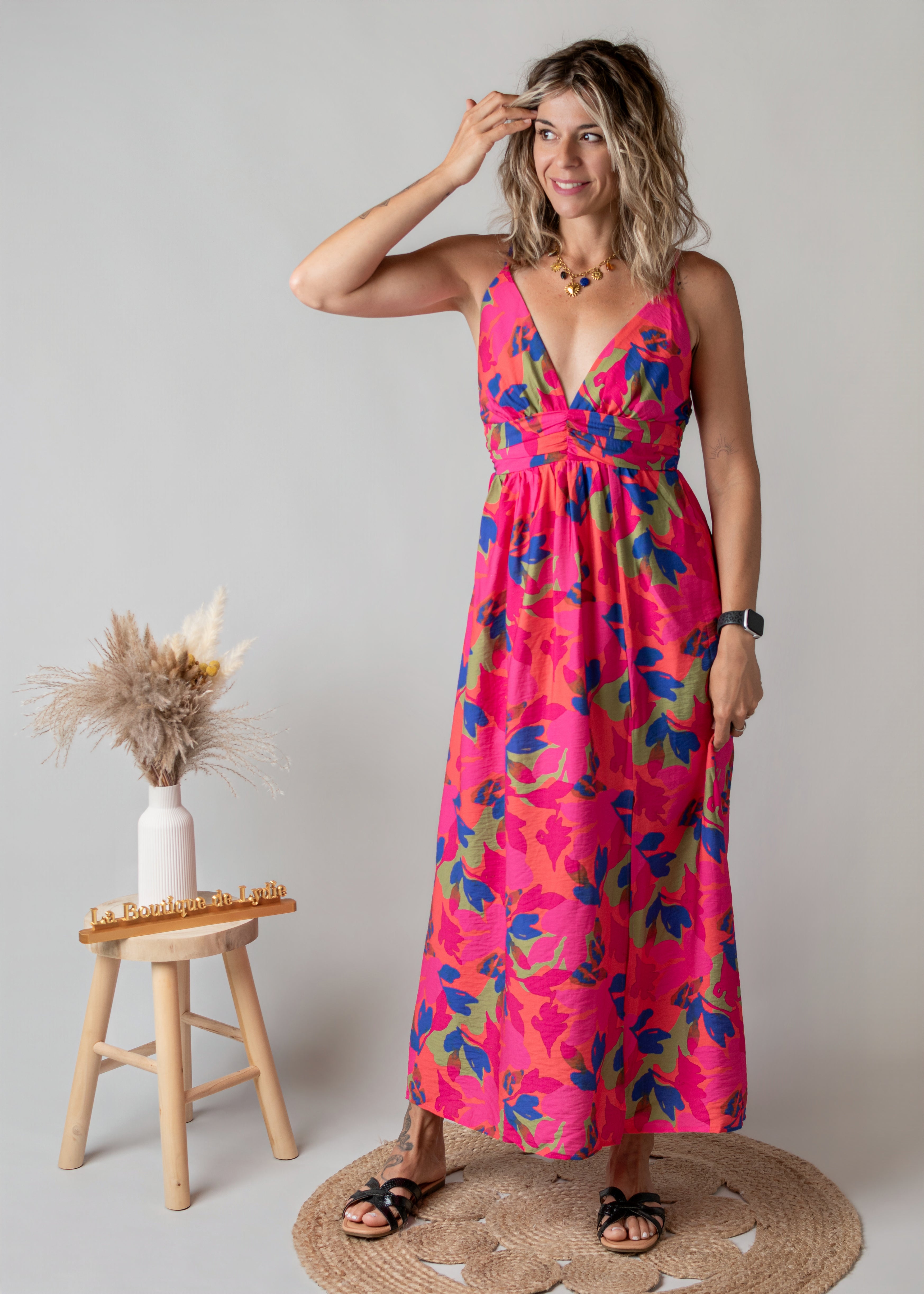 Robe Longue Fleurie Fuchsia