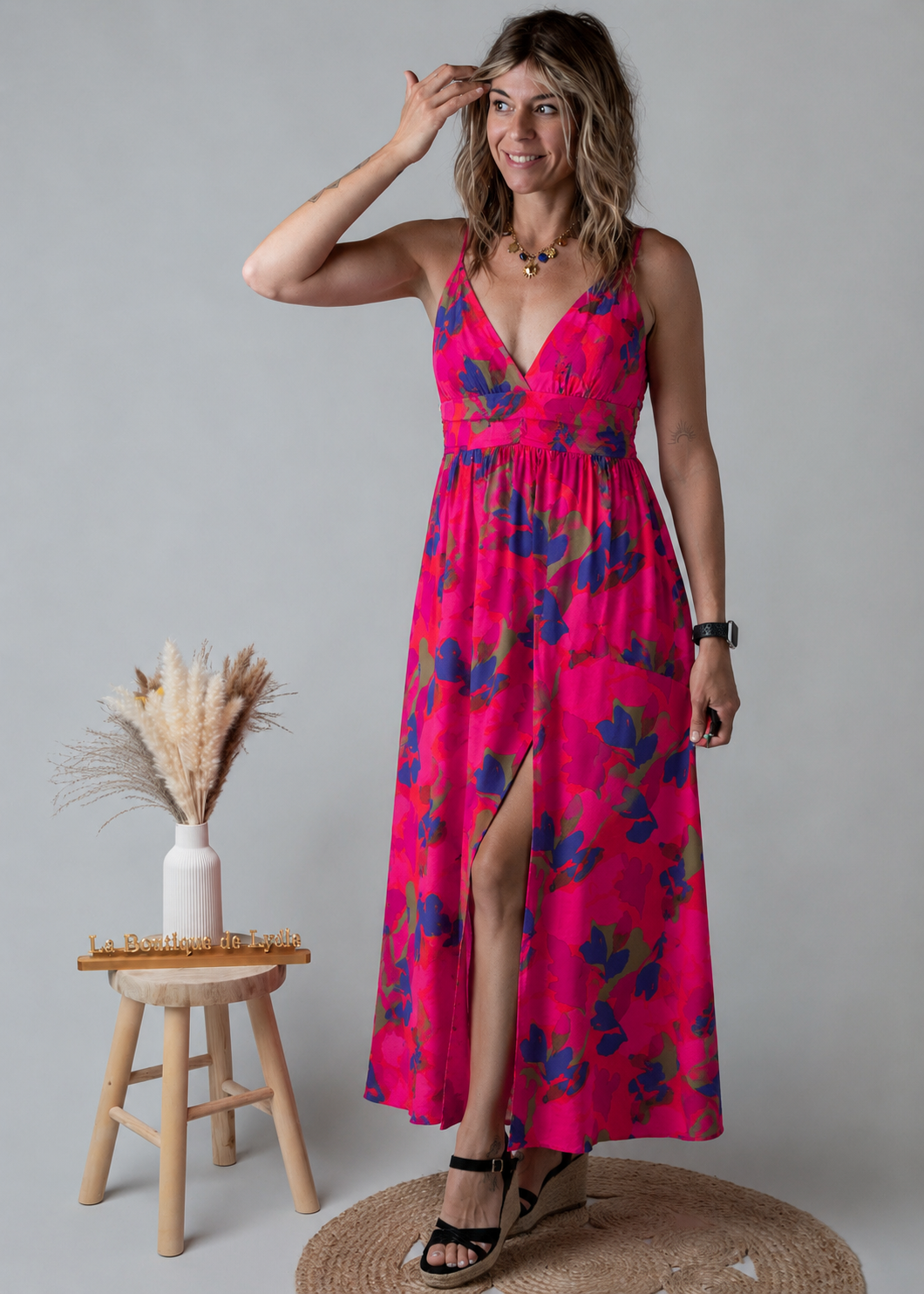 Robe Longue Fleurie Fuchsia