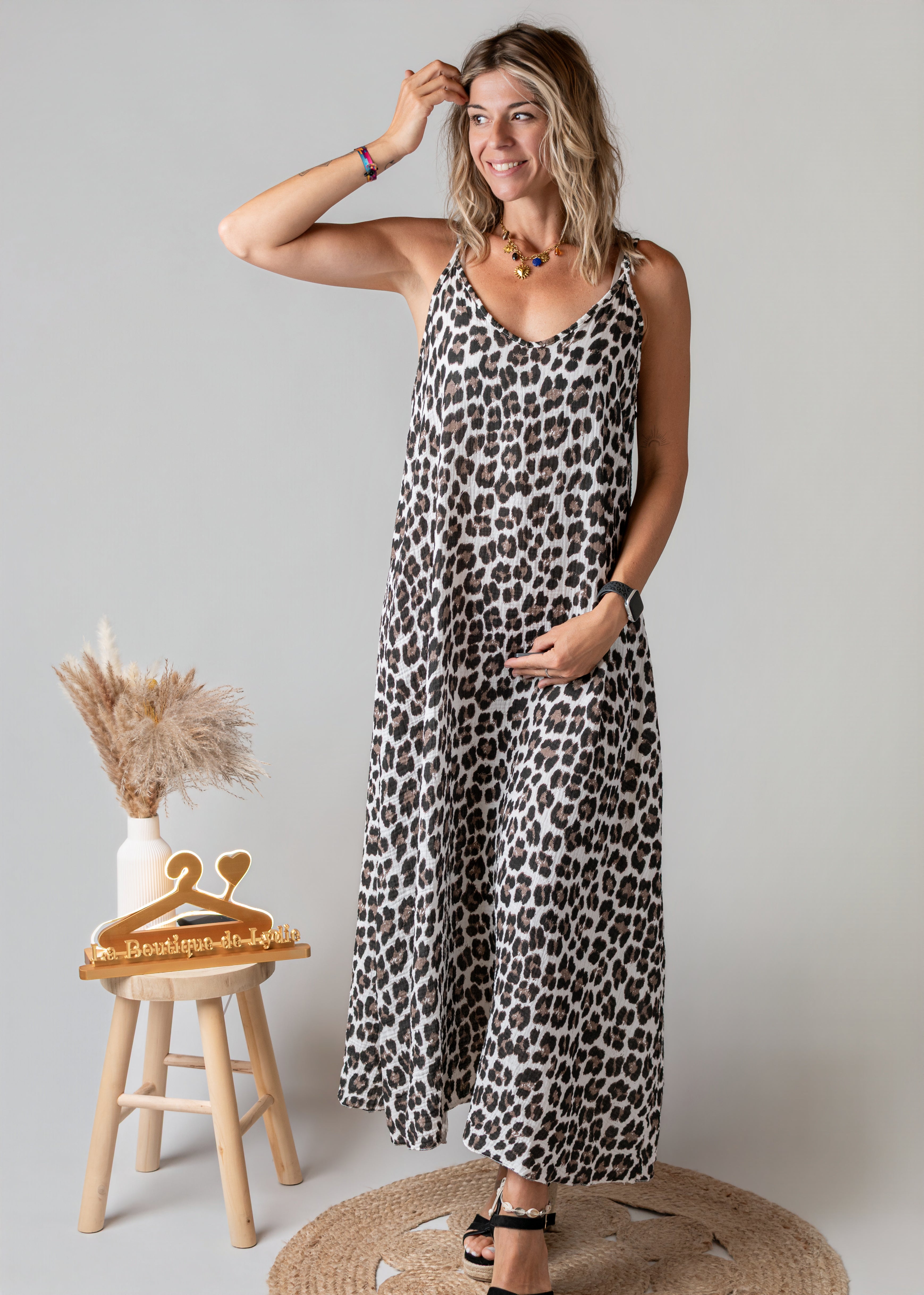 Robe longue en gaze de coton léopard 