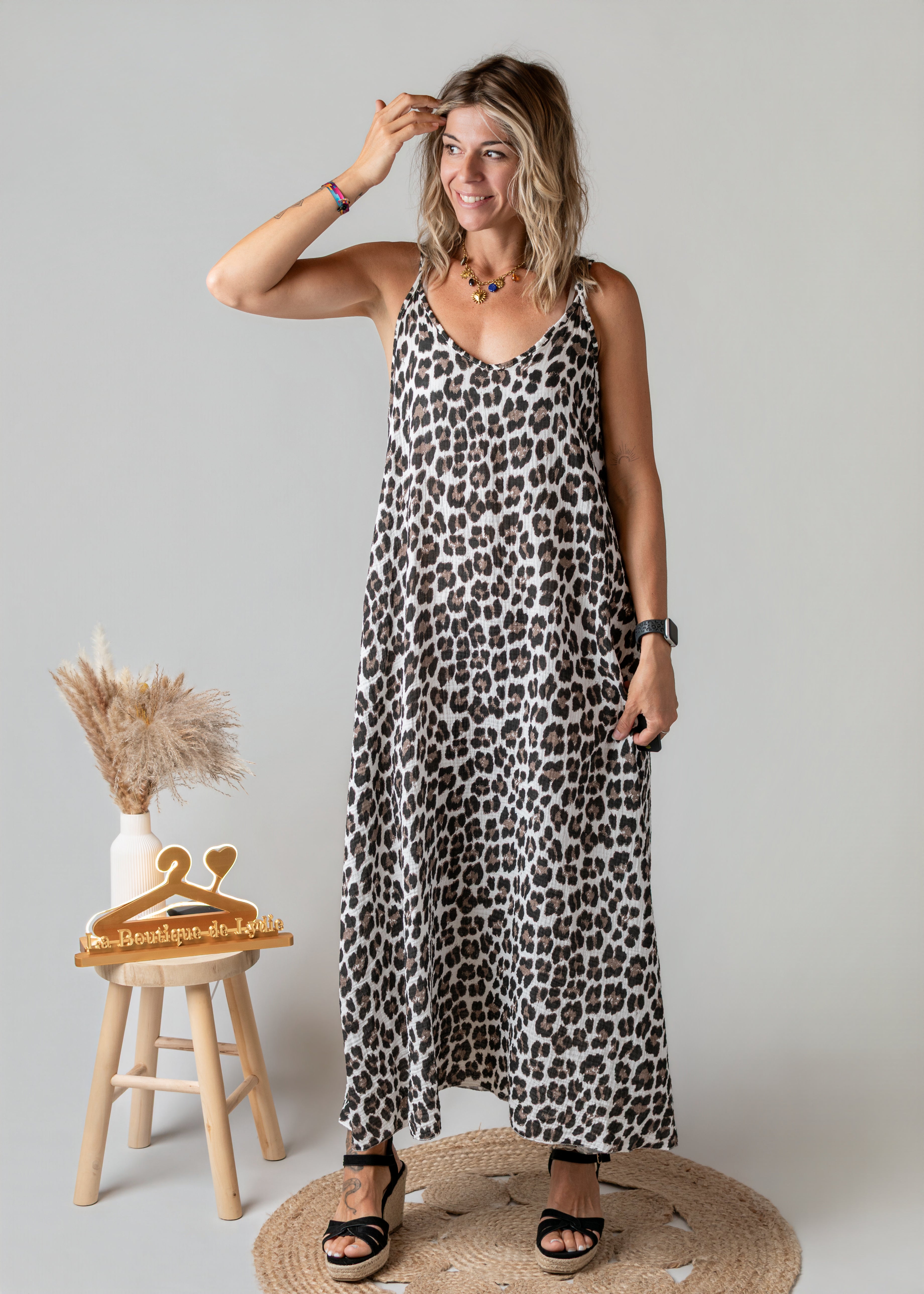 Robe longue en gaze de coton léopard 