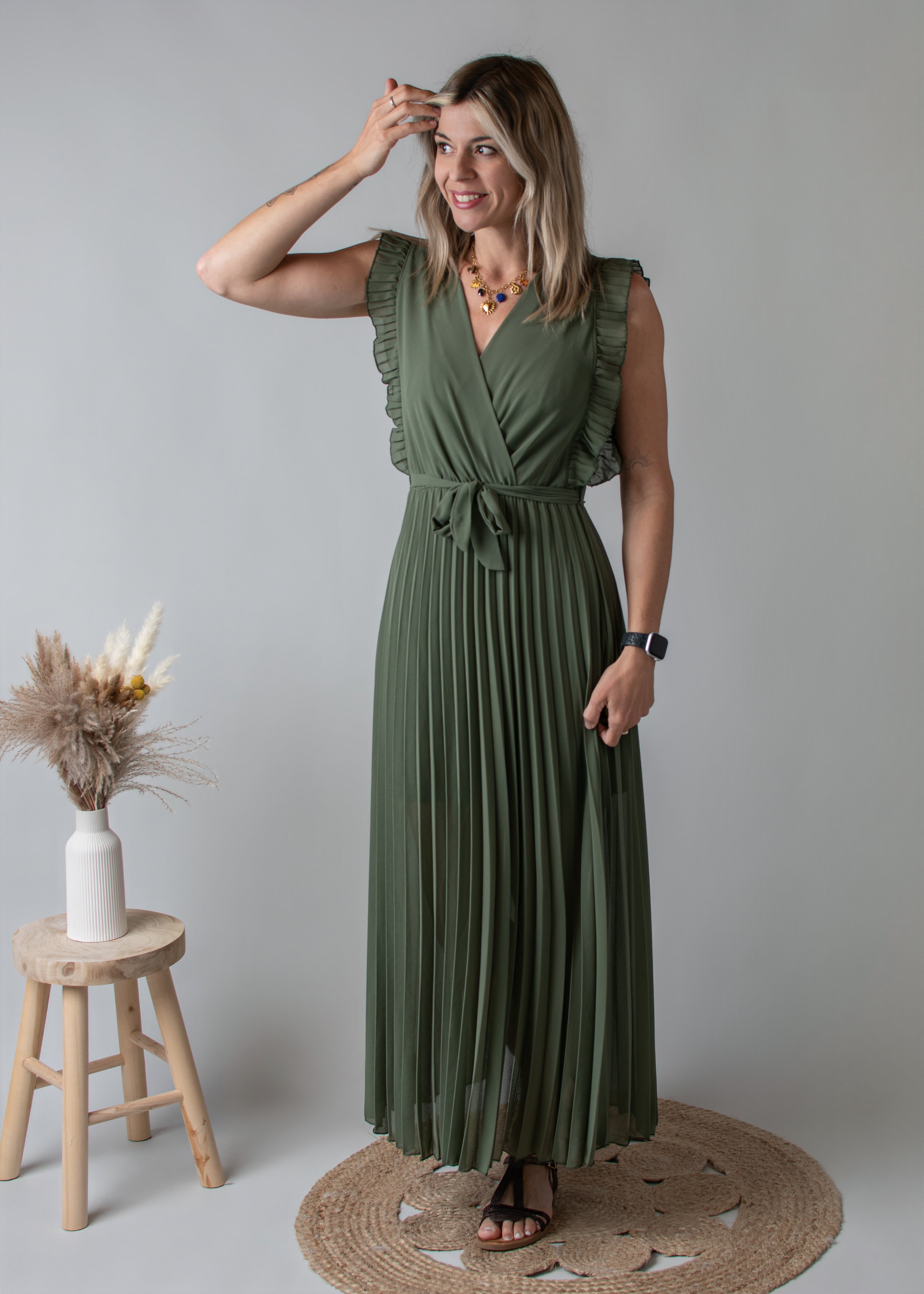 Robe longue plissée Kaki la boutique de lydie