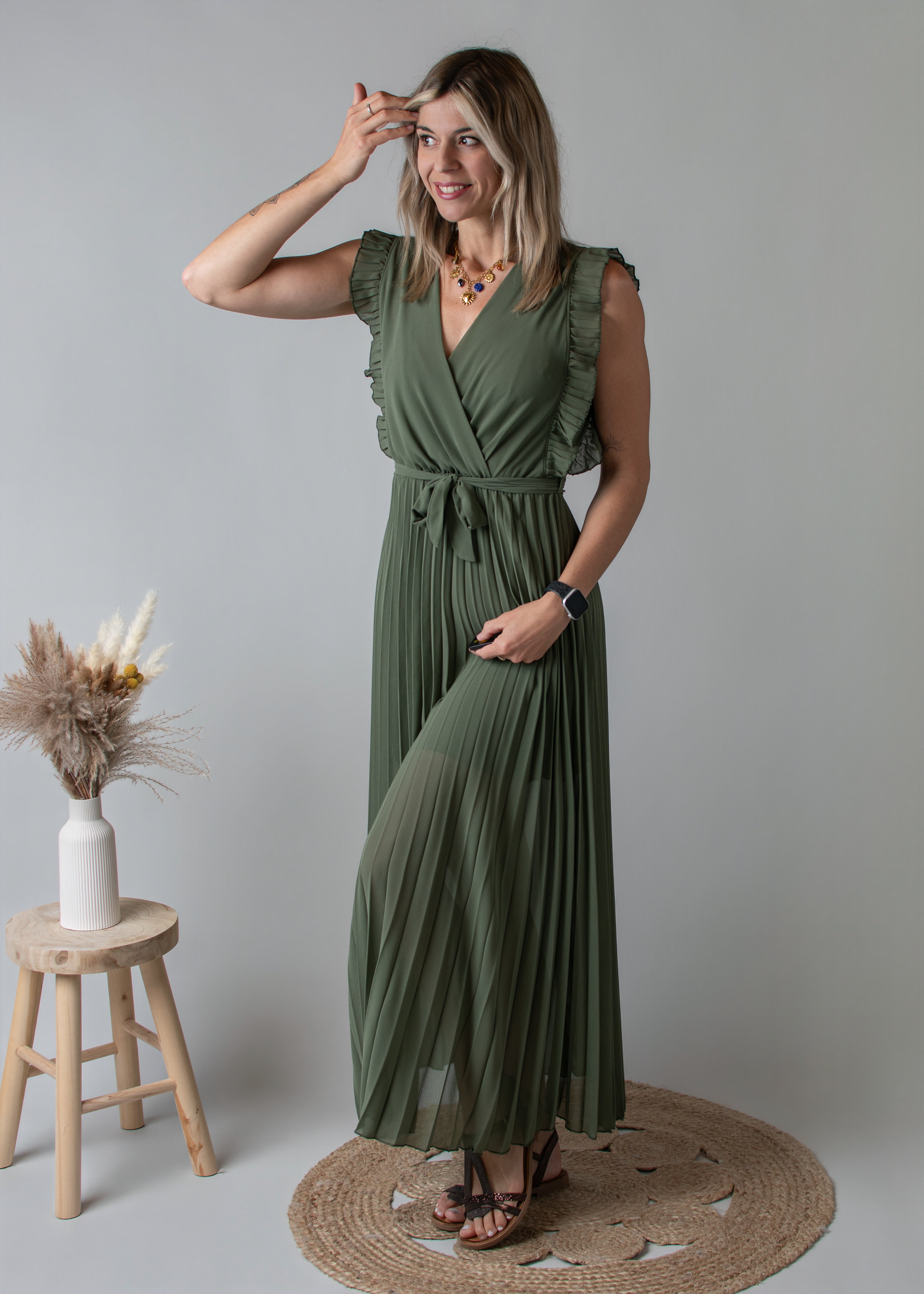 Robe longue plissée Kaki