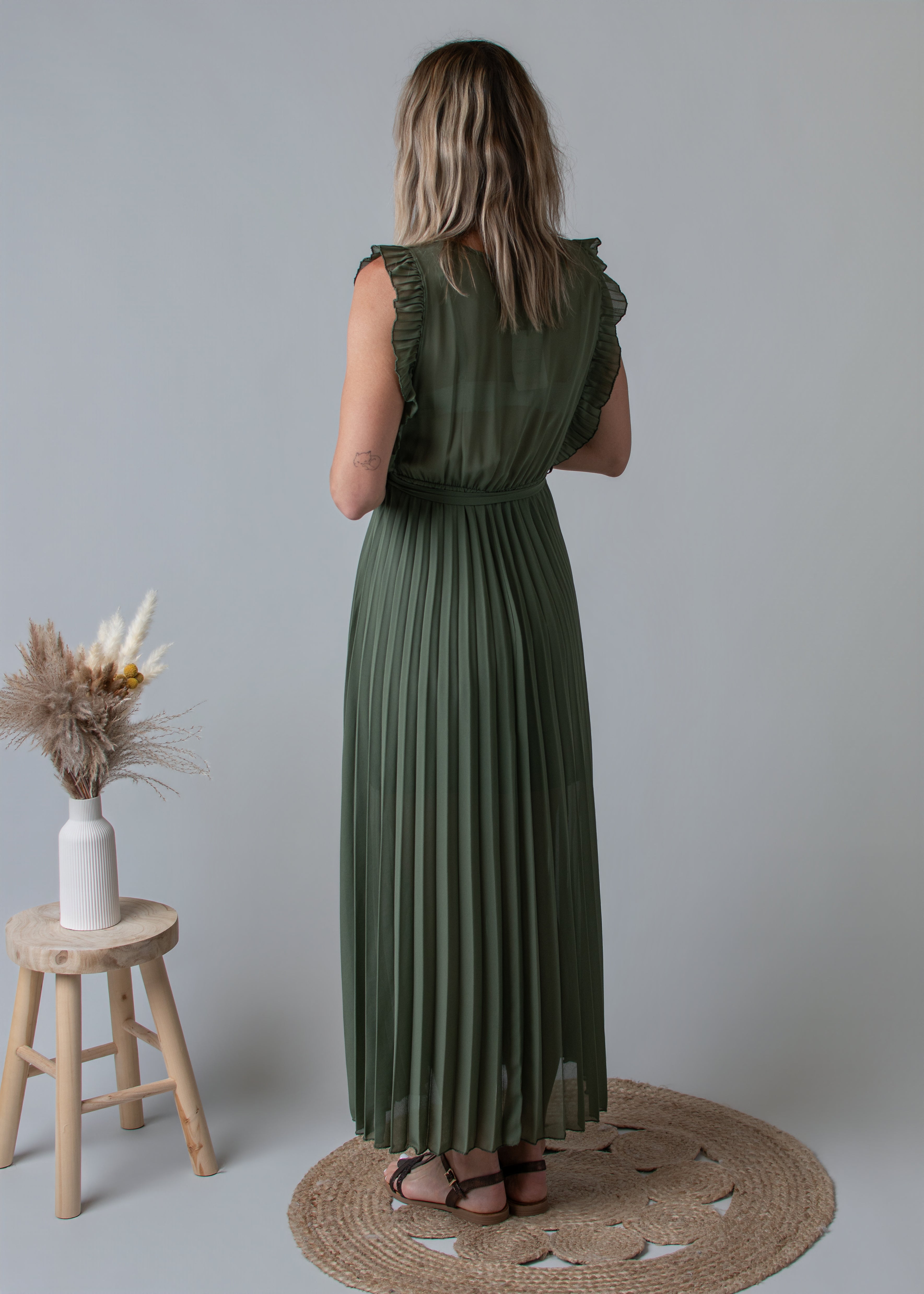 Robe longue plissée Kaki