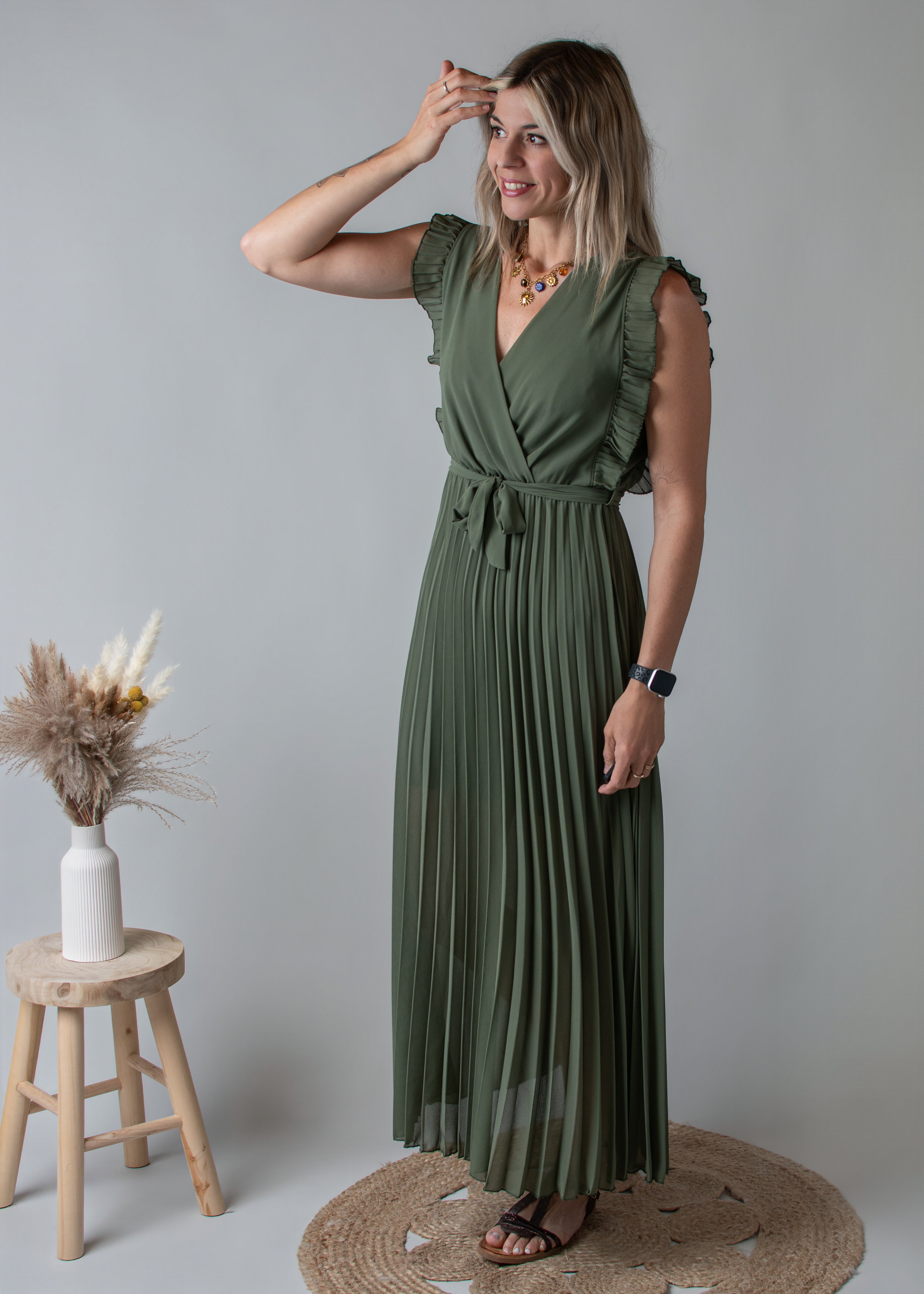 Robe longue plissée Kaki