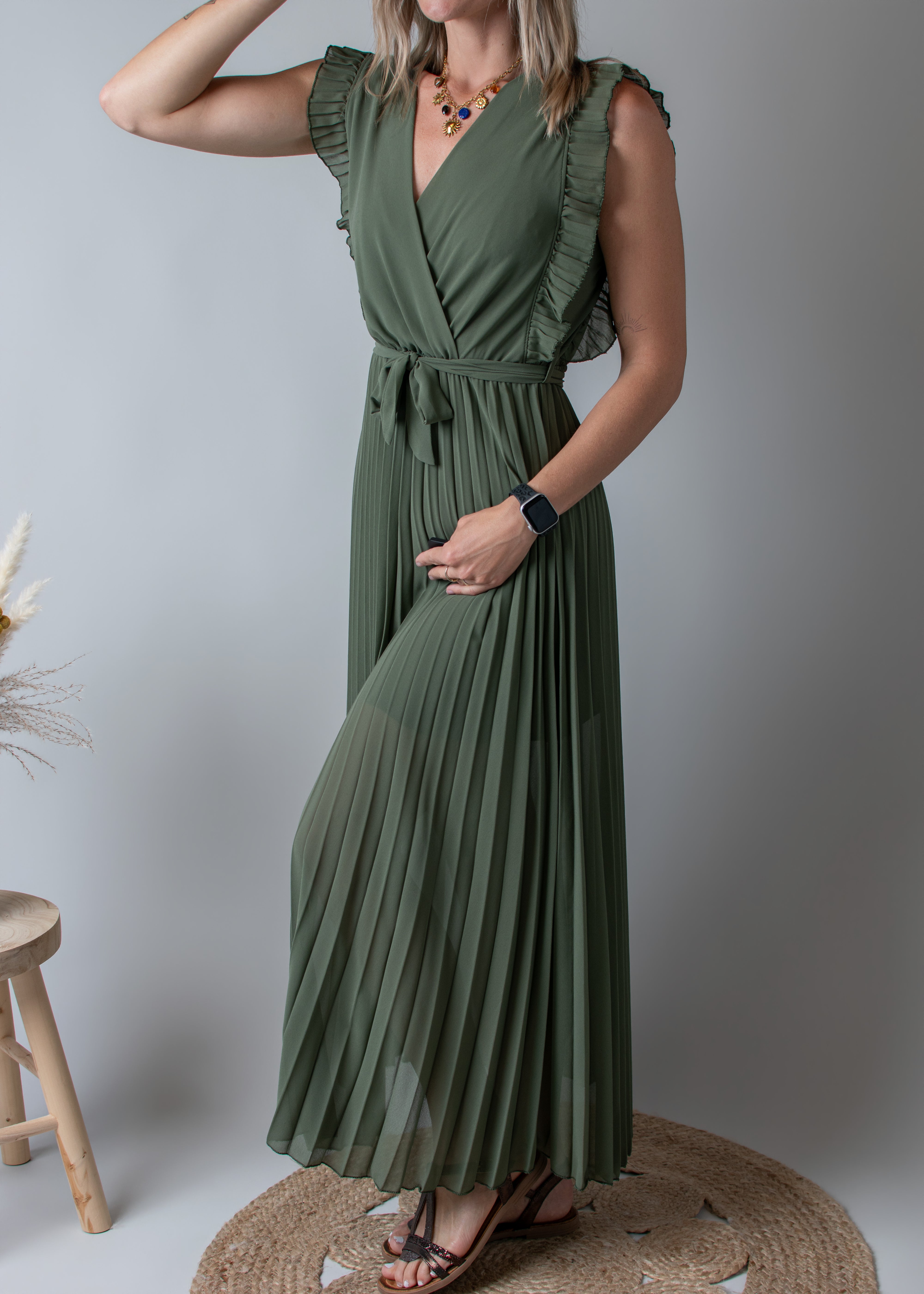 Robe longue plissée Kaki