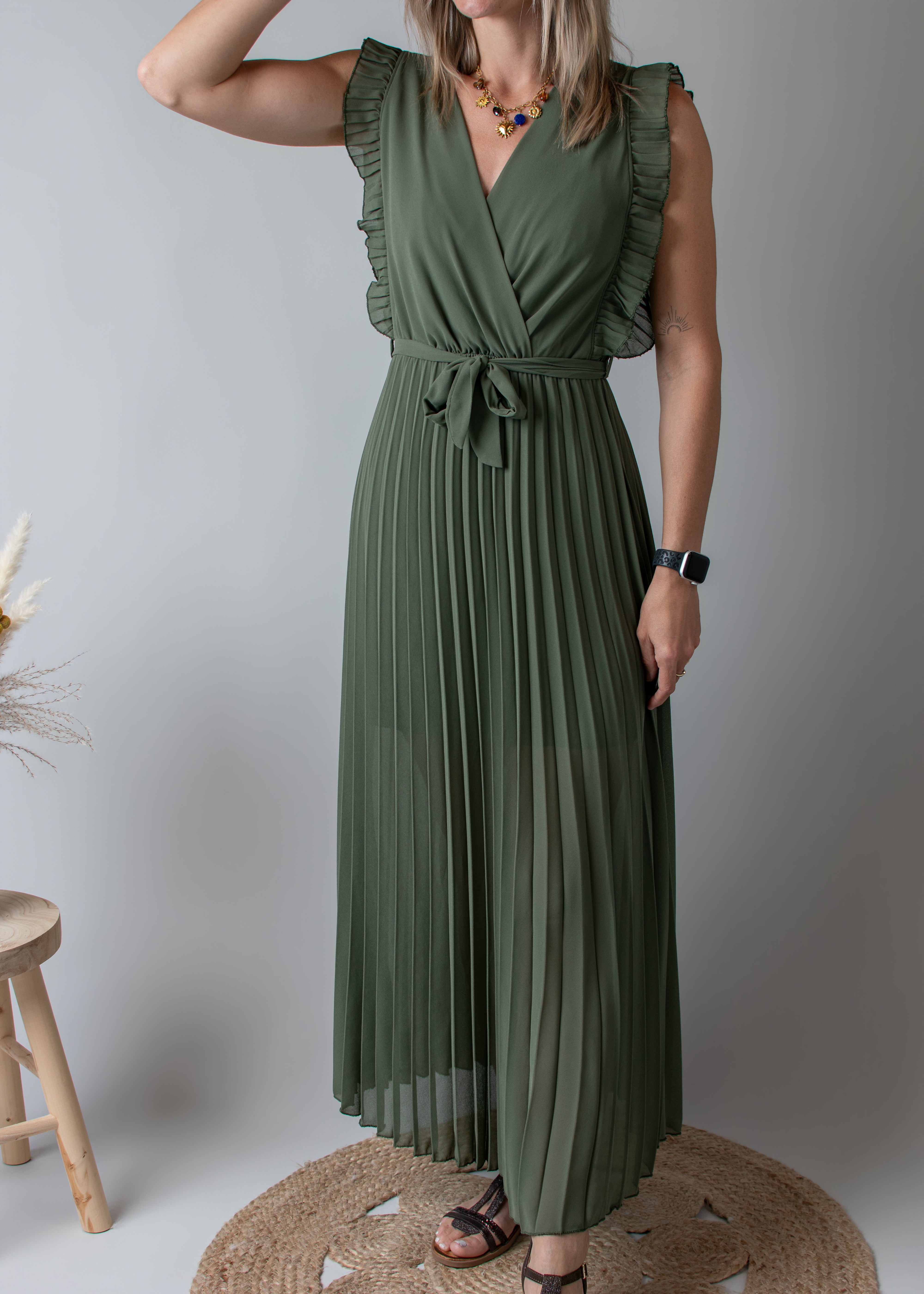 Robe longue plissée Kaki