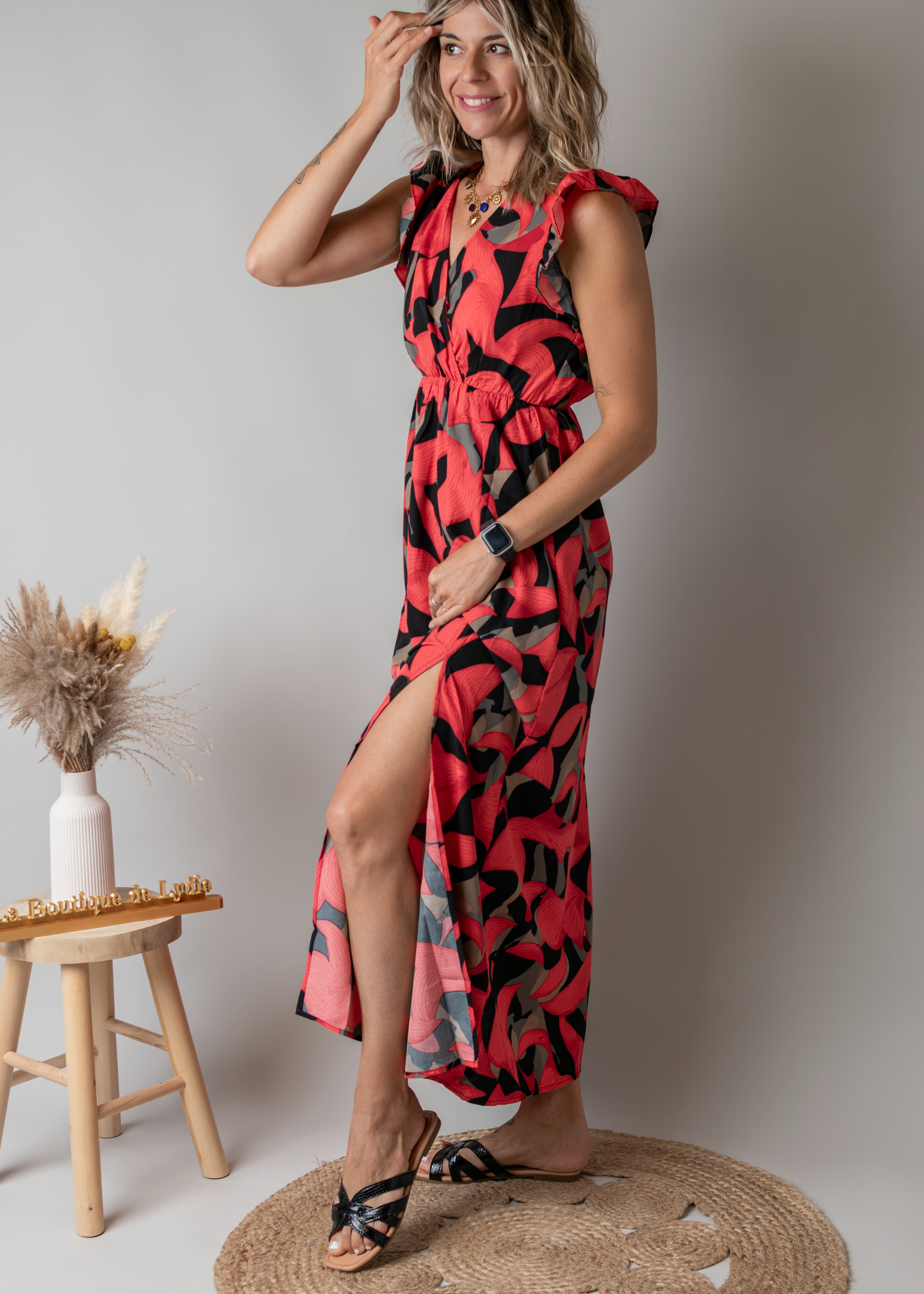 Robe Longue Fleurie Rouge & Noire