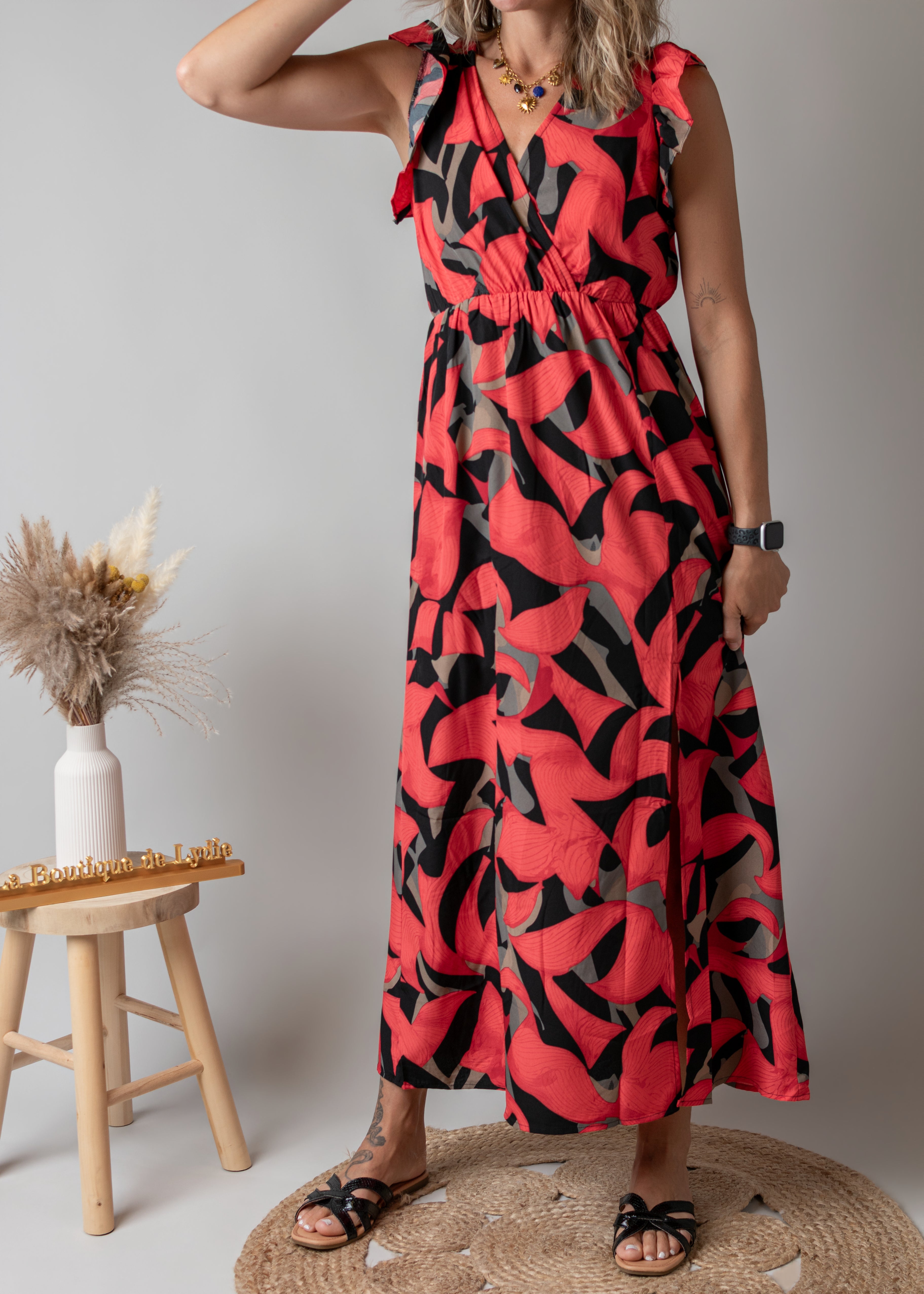 Robe Longue Fleurie Rouge & Noire