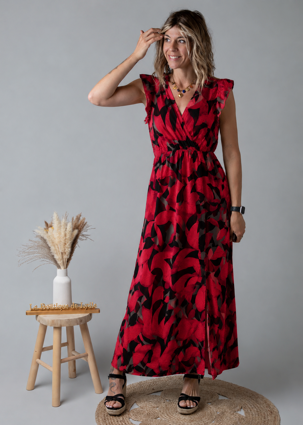 Robe Longue Fleurie Rouge & Noire la boutique de lydie