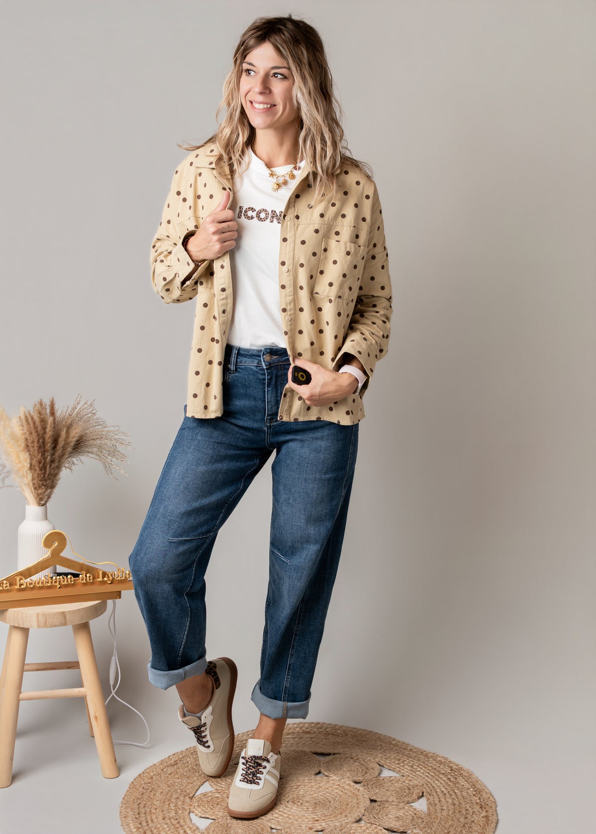 Surchemise en coton beige à pois 